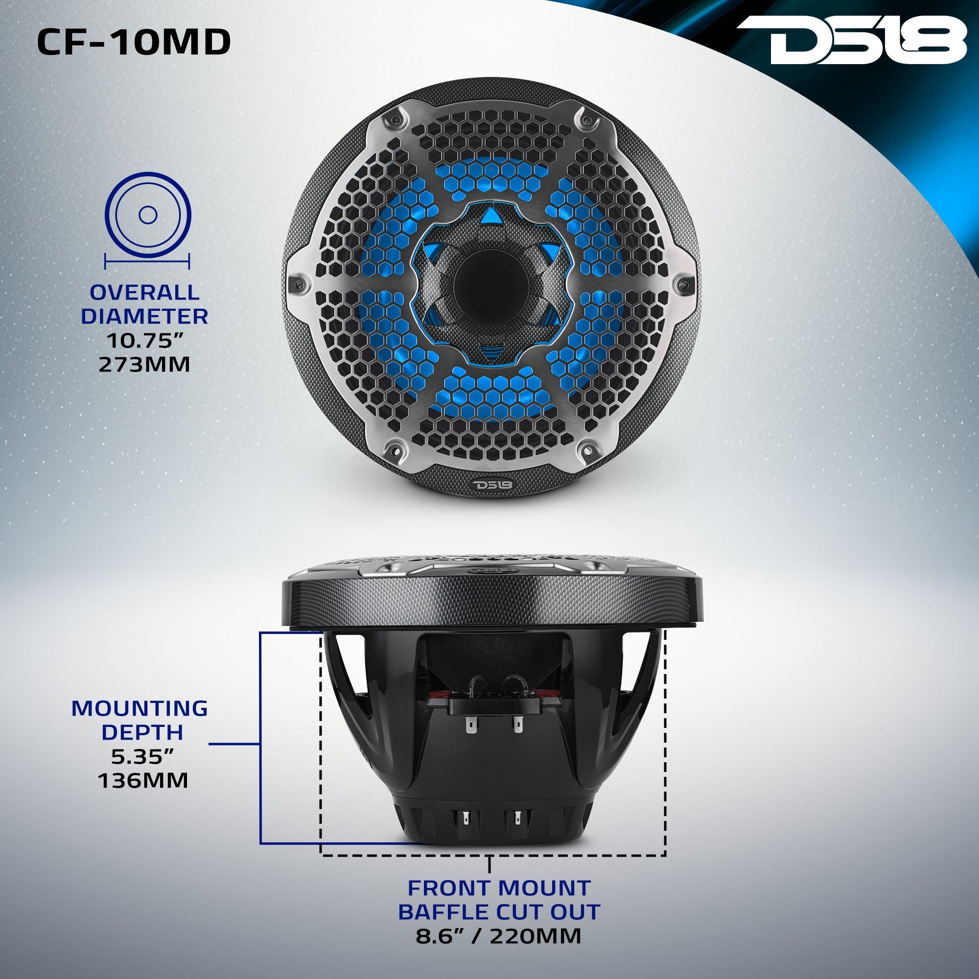 DS18 10” Marine 2-Way Hybrid Speaker with RGB LED, Compression Driver and Neodymium Magnet | 450W RMS 4-Ohm