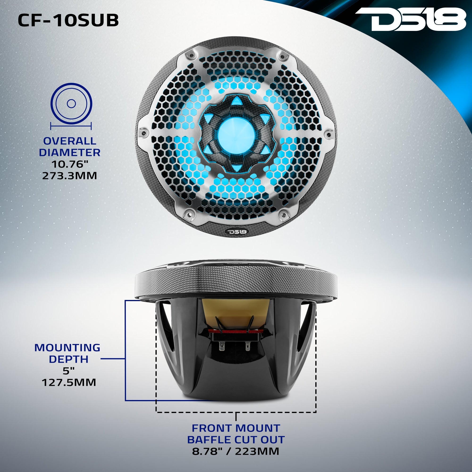 DS18 NXL 10" Marine Subwoofer With LED RGB Lights 300 Watts Rms SVC 4-Ohm -Black Carbon Fiber