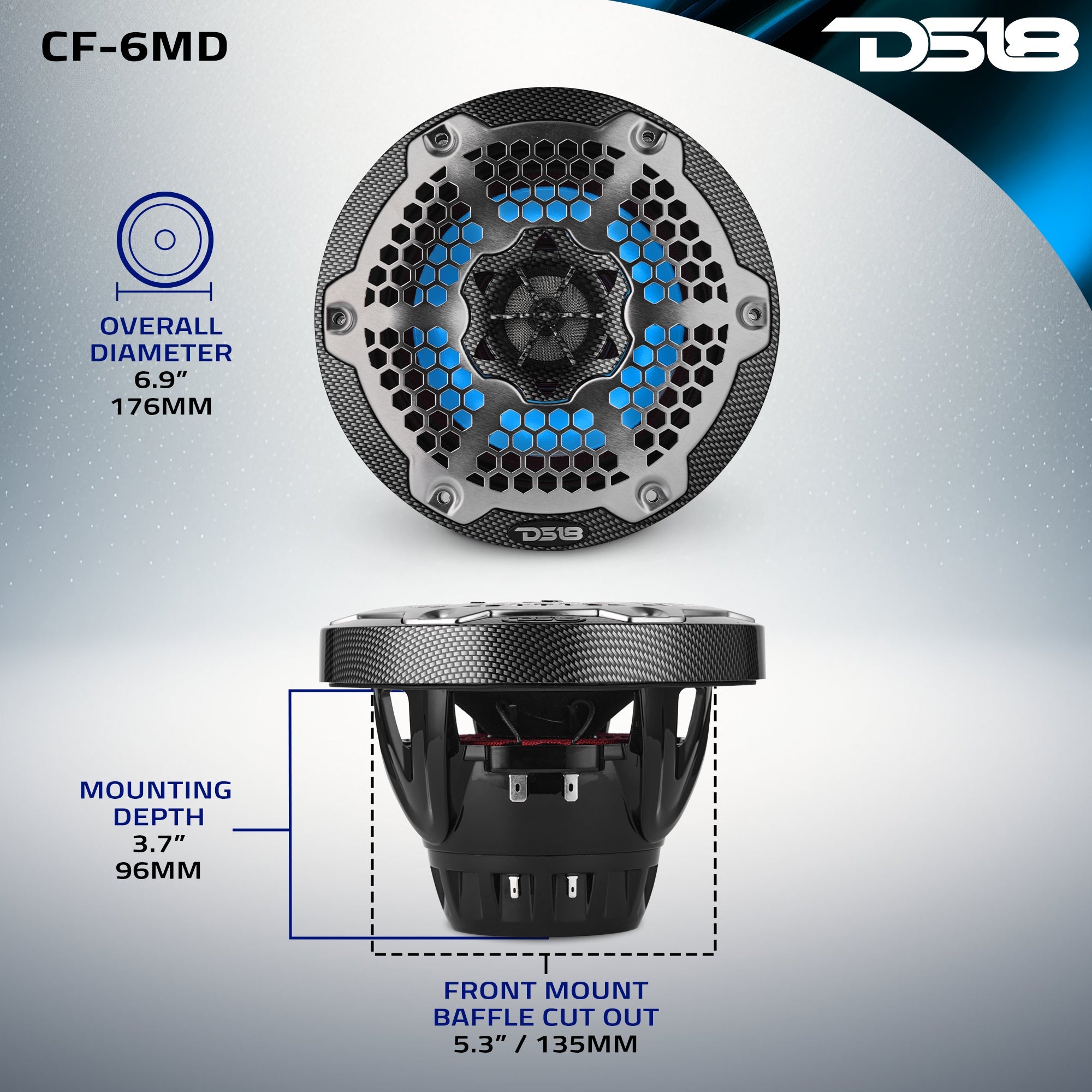 DS18 6.5” Marine 2-Way Hybrid Speaker with RGB LED, Compression Driver and Neodymium Magnet | 250W RMS 4-Ohm