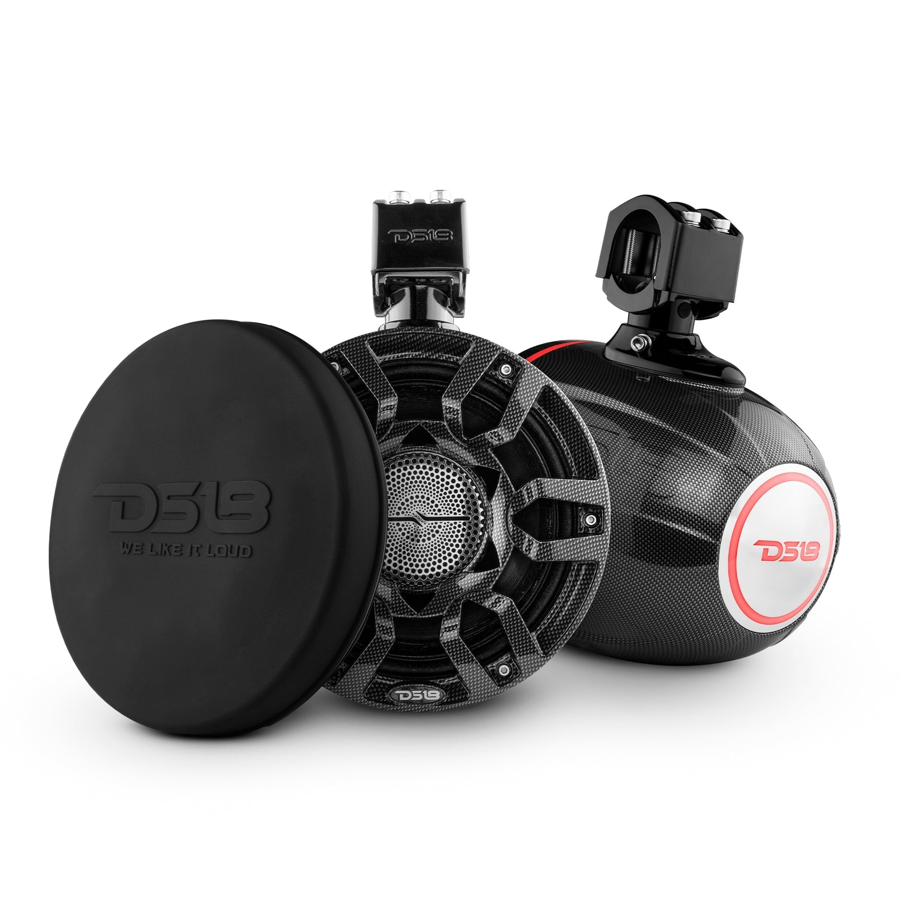 DS18 NXL 8" Compact Wakeboard Tower Speakers with Hybrid Mid-Range, Compression Driver Loudspeaker, RGB LED Lights, 500 Watts, Speaker Cover Included