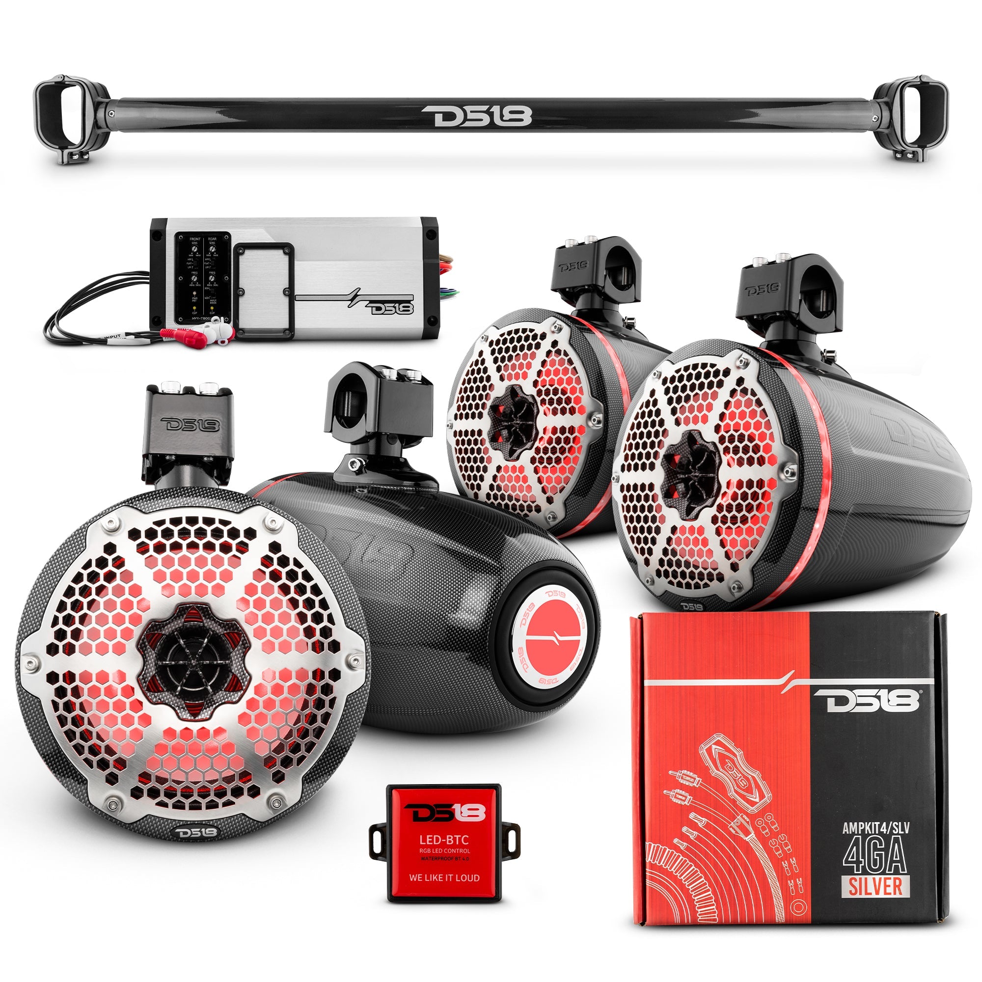 DS18 BRO-TUBE 4x 8" Marine Towers Speakers with RGB LED Lights, 4-Channel Marine Amplifier and AMPKIT for Ford Bronco 6th Gen