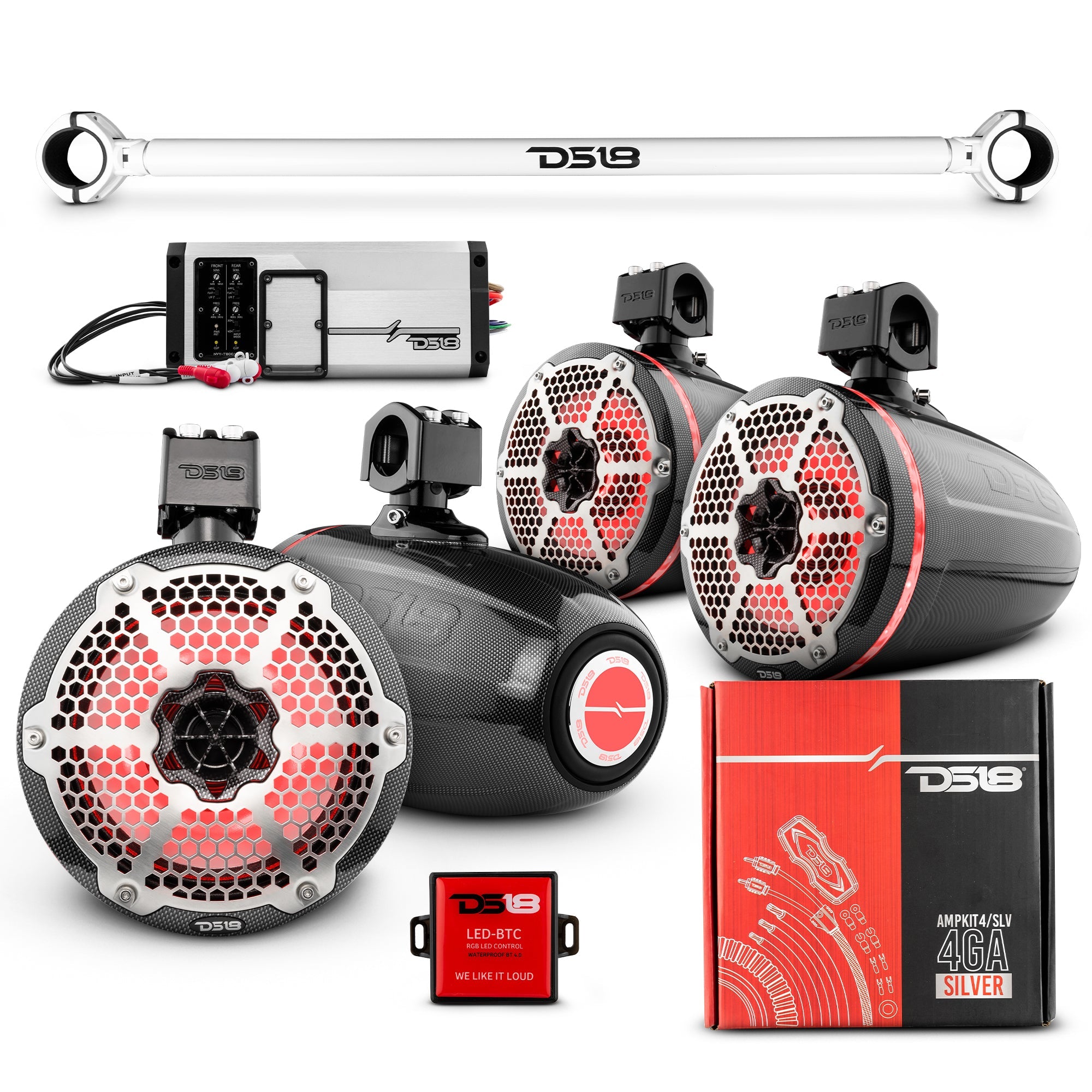 DS18 JK-TUBE 4x 8" Marine Towers Speakers with RGB LED Lights, 4-Channel Marine Amplifier and AMPKIT for Jeep JK/JKU