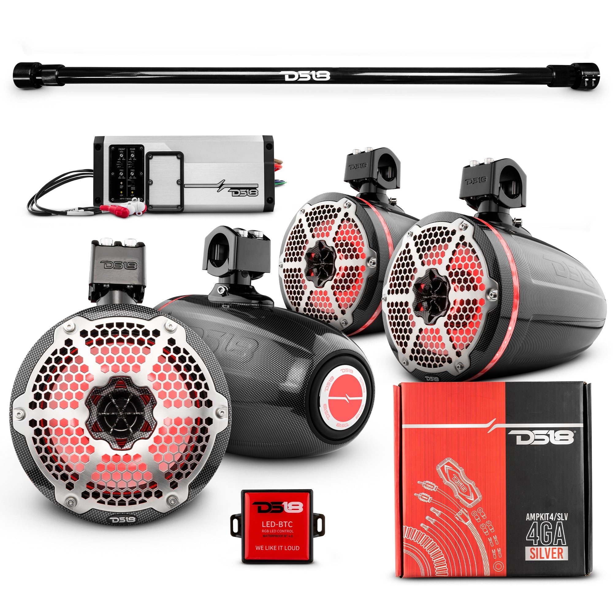 DS18 PU-TUBE 4x 8" Marine Towers Speakers with RGB LED Lights, 4-Channel Marine Amplifier and AMPKIT for Pick Up & Trucks