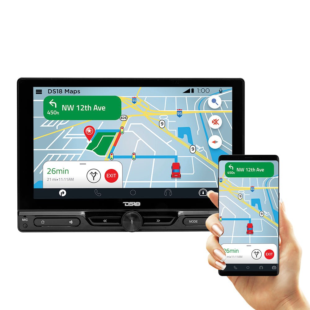 DS18 10.5" Floating Adjustable Modular Touchscreen Mechless Single-DIN Head Unit with Bluetooth, Apple Car Play, Android Mirror Link, USB, AUX, SD, AM, FM