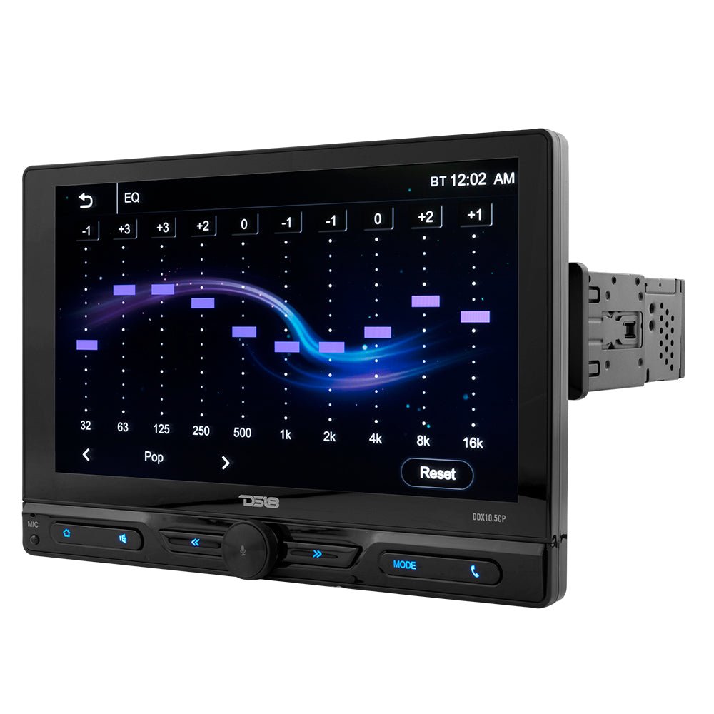DS18 10.5" Floating Adjustable Modular Touchscreen Mechless Single-DIN Head Unit with Bluetooth, Apple Car Play, Android Mirror Link, USB, AUX, SD, AM, FM