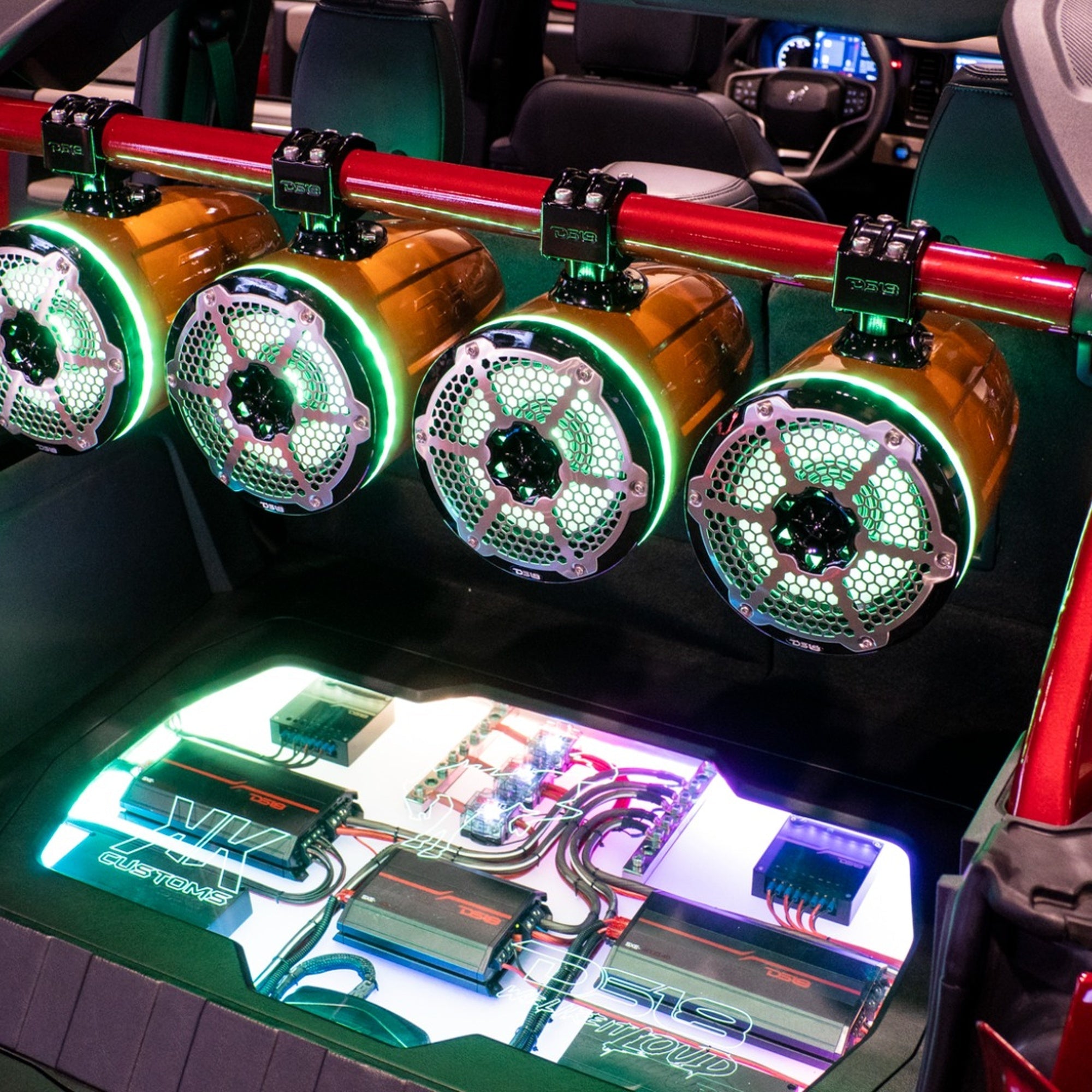DS18 BRO-TUBE 4x 8" Marine Towers Speakers with RGB LED Lights, 4-Channel Marine Amplifier and AMPKIT for Ford Bronco 6th Gen