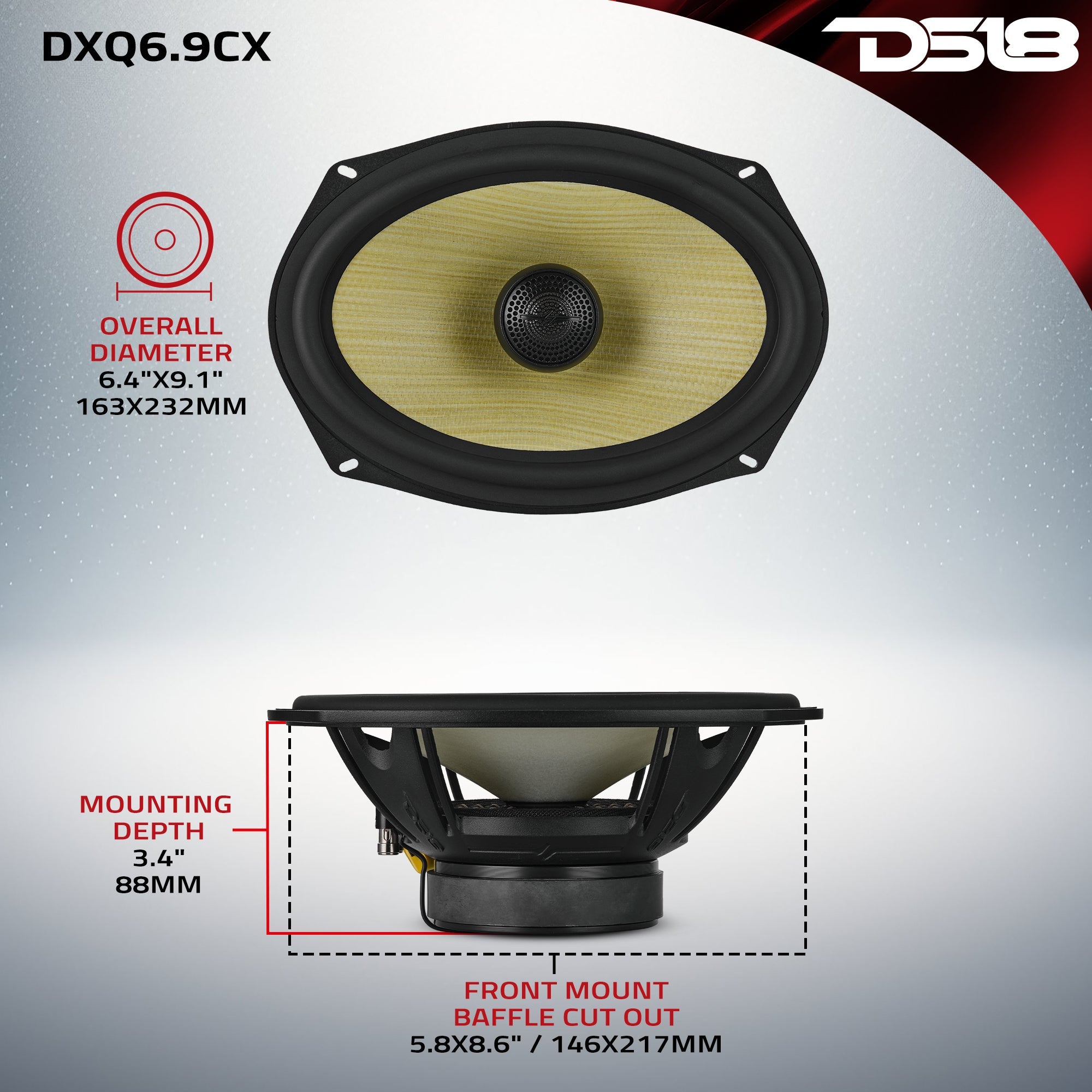 DS18 DXQ 6x9" 2-Way Coaxial Speaker with Yellow Straw and Composite Foam Cone | 150W RMS 4-Ohm
