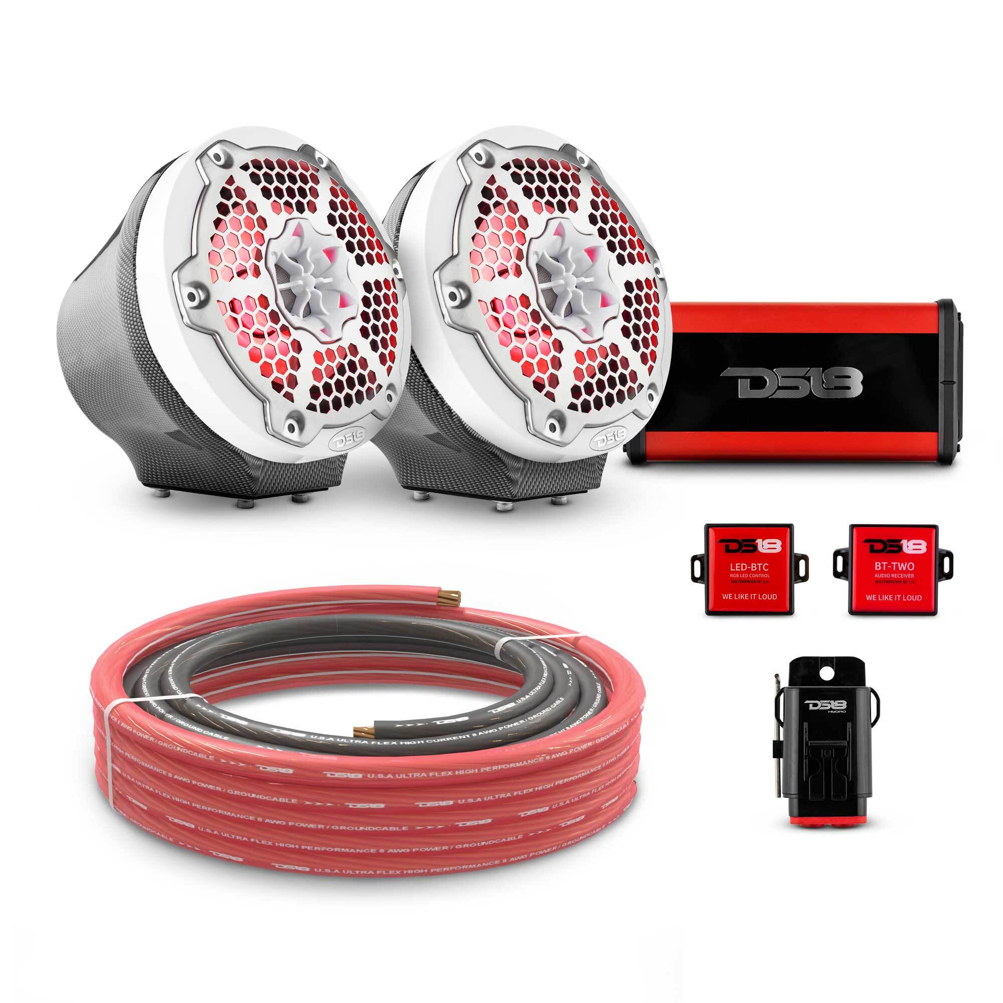 DS18 6.5" Loaded Flat Mount Speaker Pods with Amplifier, Installation Kit and RGB LED Lights, Package for Can-Am Spyder & Ryker