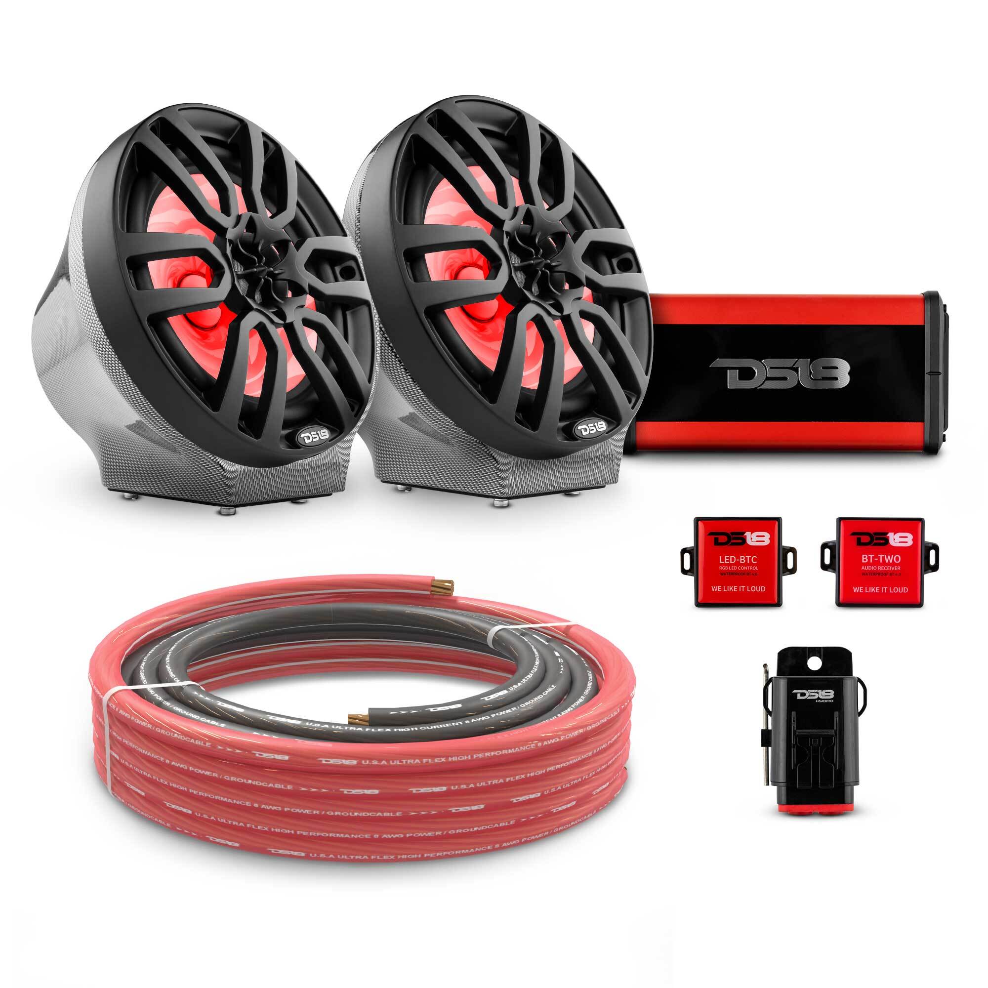 DS18 8" Loaded Flat Mount Speaker Pods with Amplifier, Installation Kit and RGB LED Lights, Package for Can-Am Spyder & Ryker