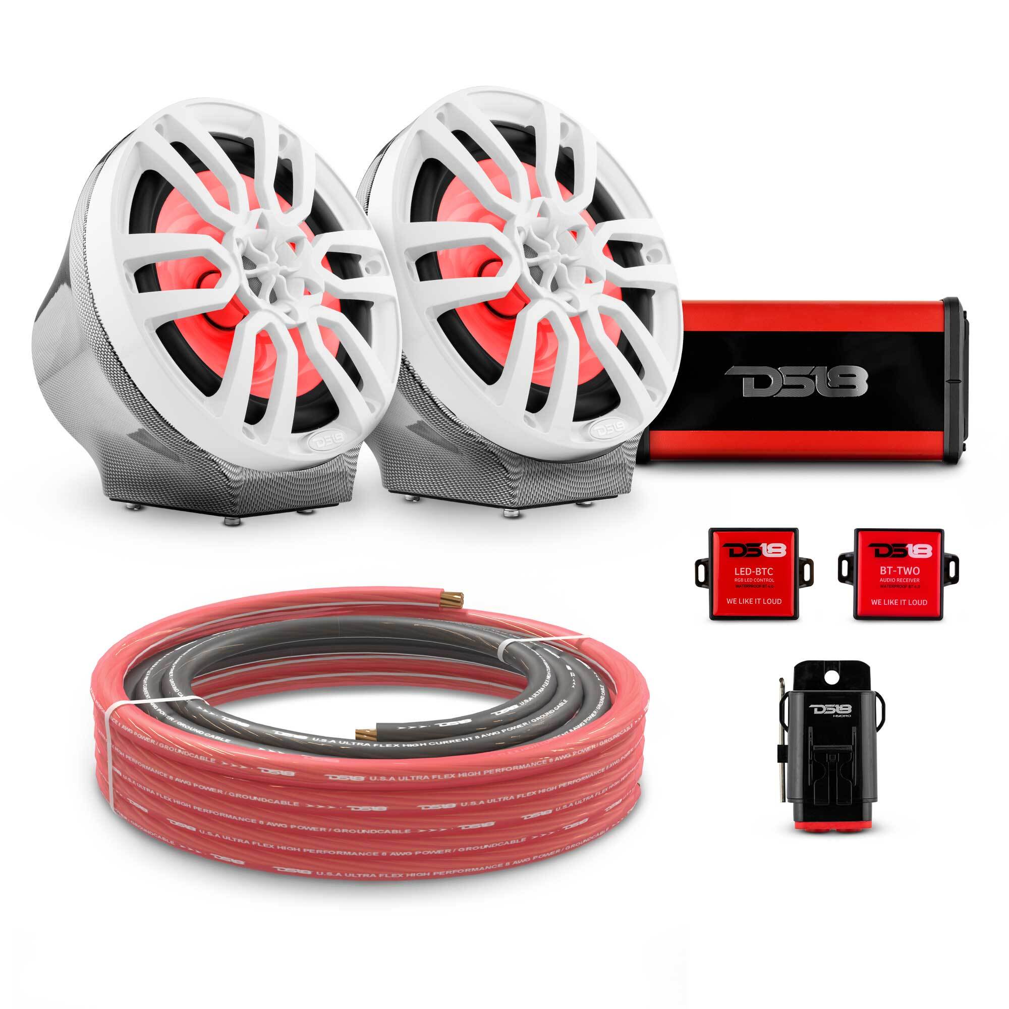 DS18 8" Loaded Flat Mount Speaker Pods with Amplifier, Installation Kit and RGB LED Lights, Package for Can-Am Spyder & Ryker
