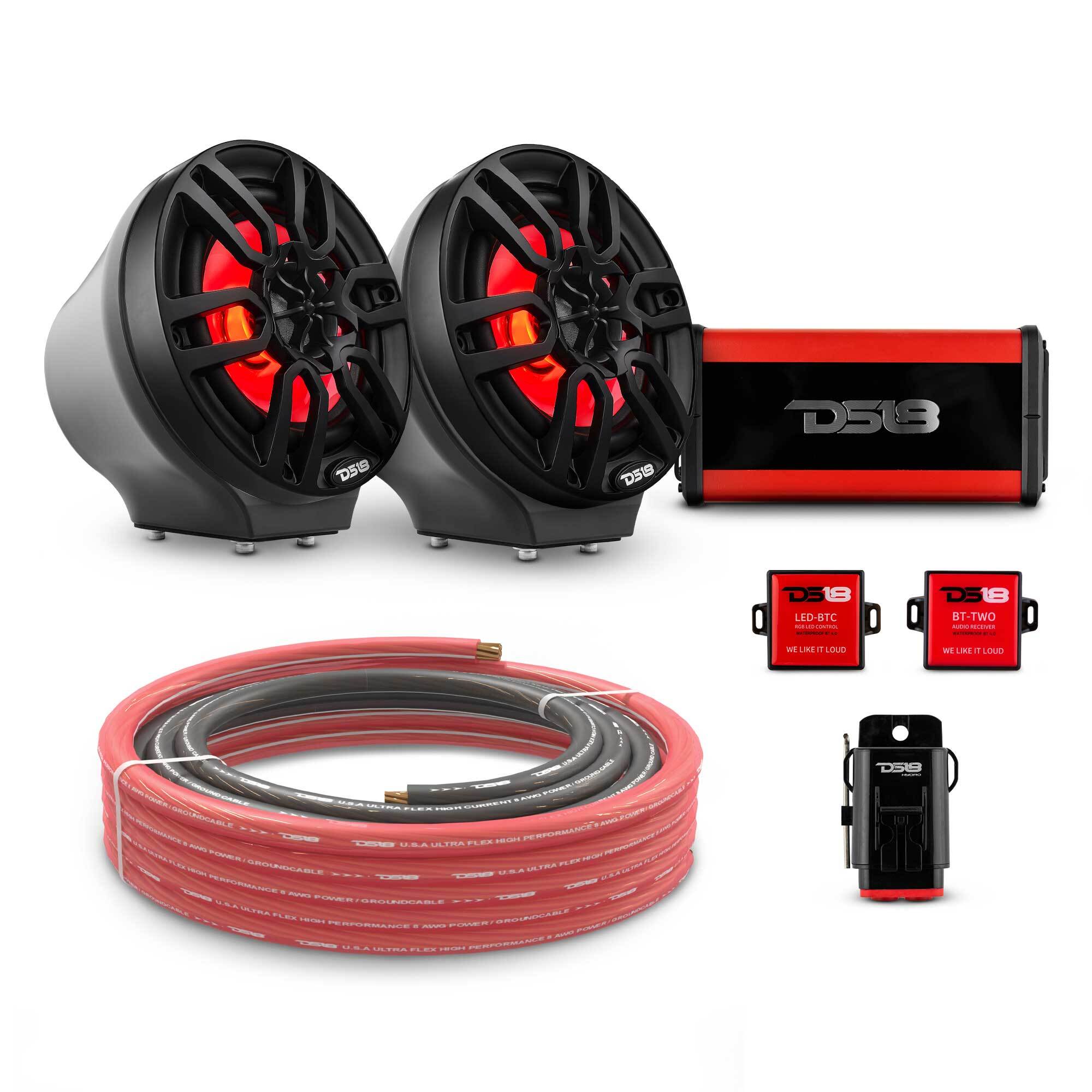 DS18 6.5" Loaded Flat Mount Speaker Pods with Amplifier, Installation Kit and RGB LED Lights, Package for Can-Am Spyder & Ryker