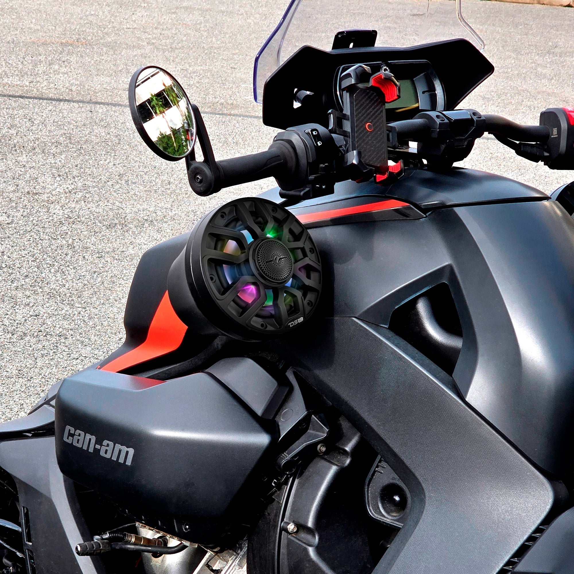 DS18 6.5" Loaded Flat Mount Speaker Pods with Amplifier, Installation Kit and Digital LED Lights, Package for Can-Am Spyder & Ryker
