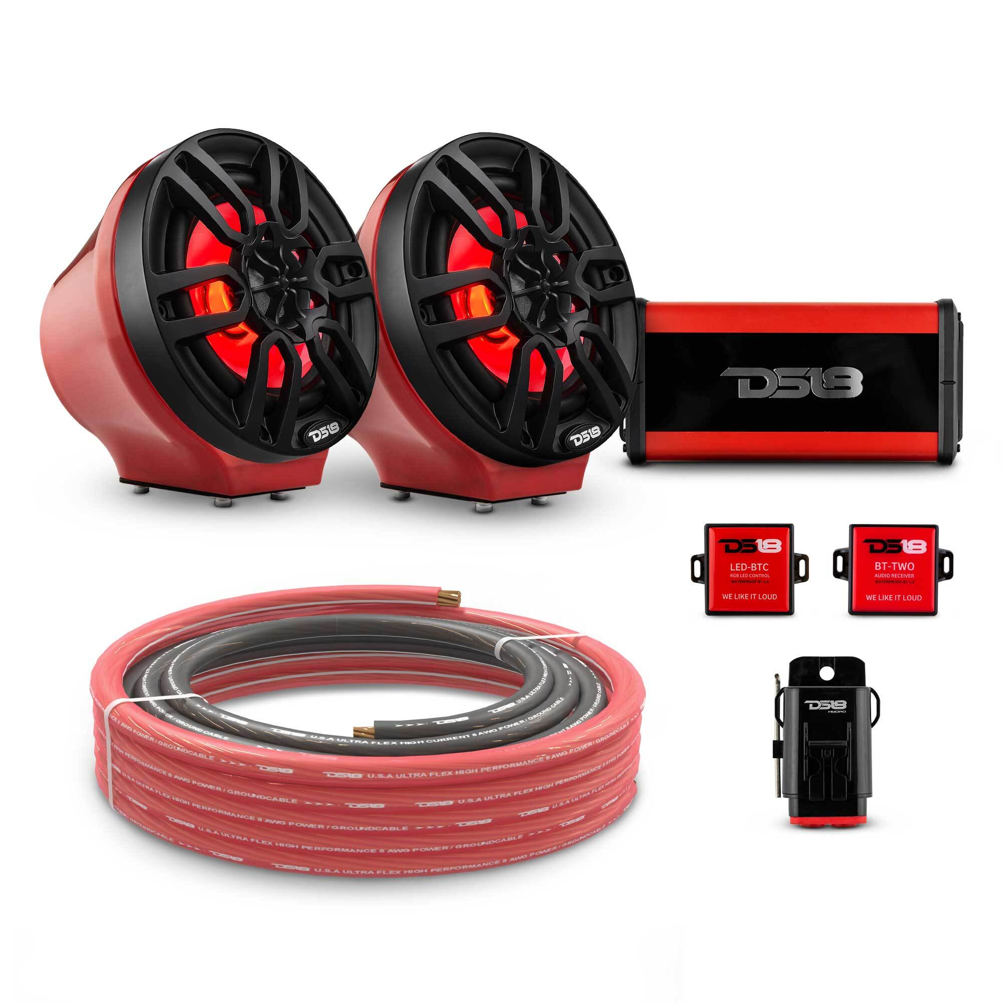 DS18 6.5" Loaded Flat Mount Speaker Pods with Amplifier, Installation Kit and RGB LED Lights, Package for Can-Am Spyder & Ryker