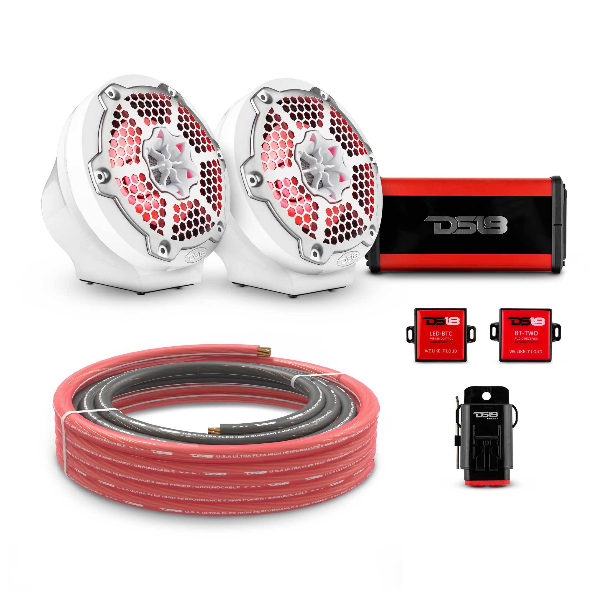 DS18 6.5" Loaded Flat Mount Speaker Pods with Amplifier, Installation Kit and RGB LED Lights, Package for Can-Am Spyder & Ryker