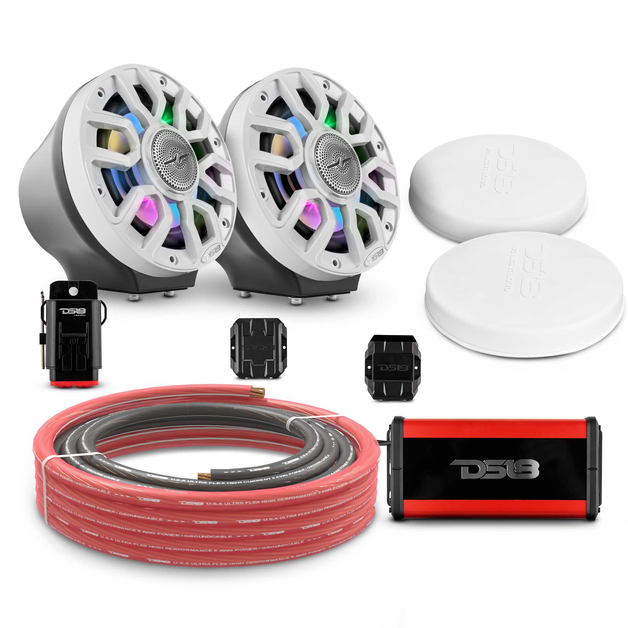DS18 6.5" Loaded Flat Mount Speaker Pods with Amplifier, Installation Kit and Digital LED Lights, Package for Can-Am Spyder & Ryker