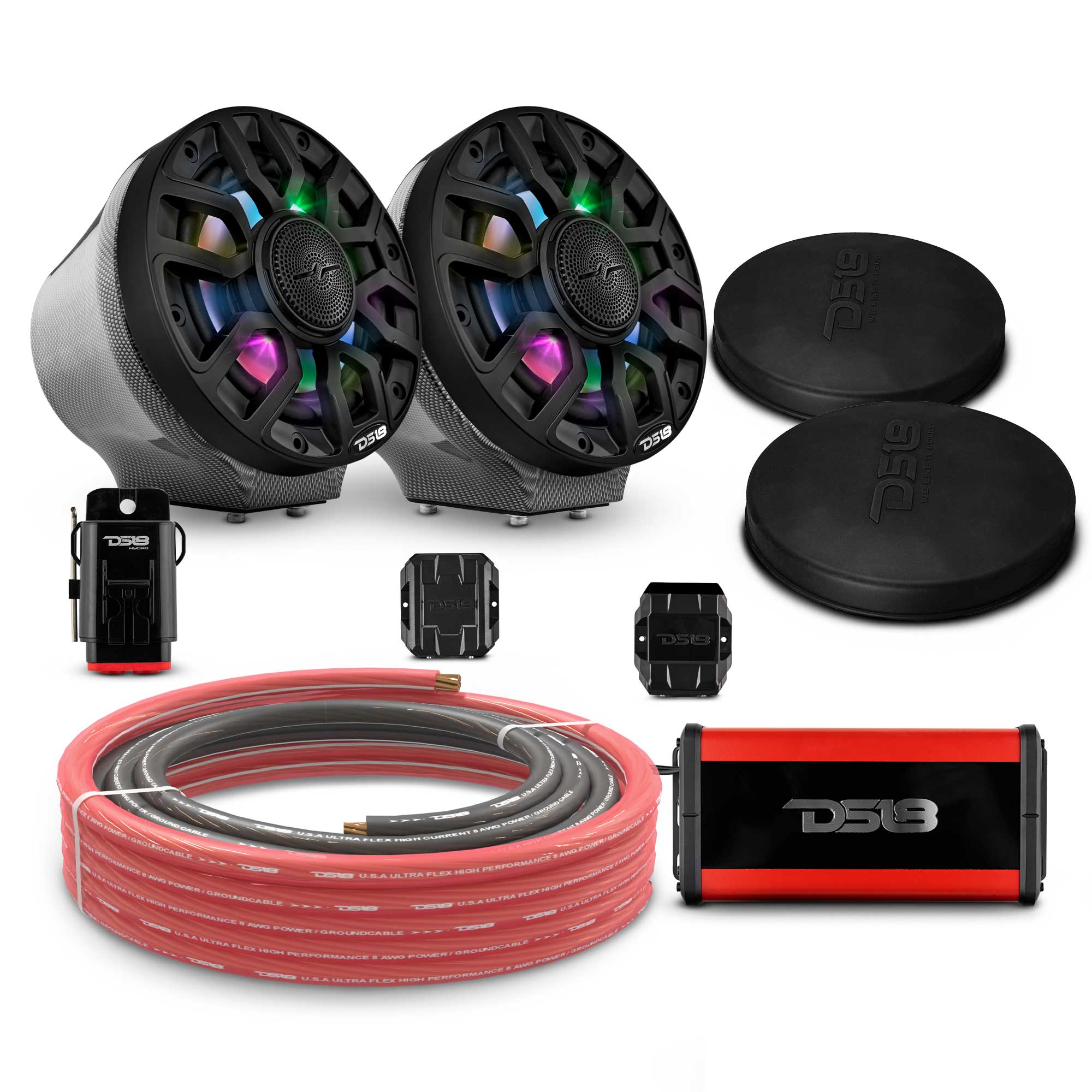 DS18 6.5" Loaded Flat Mount Speaker Pods with Amplifier, Installation Kit and Digital LED Lights, Package for Can-Am Spyder & Ryker