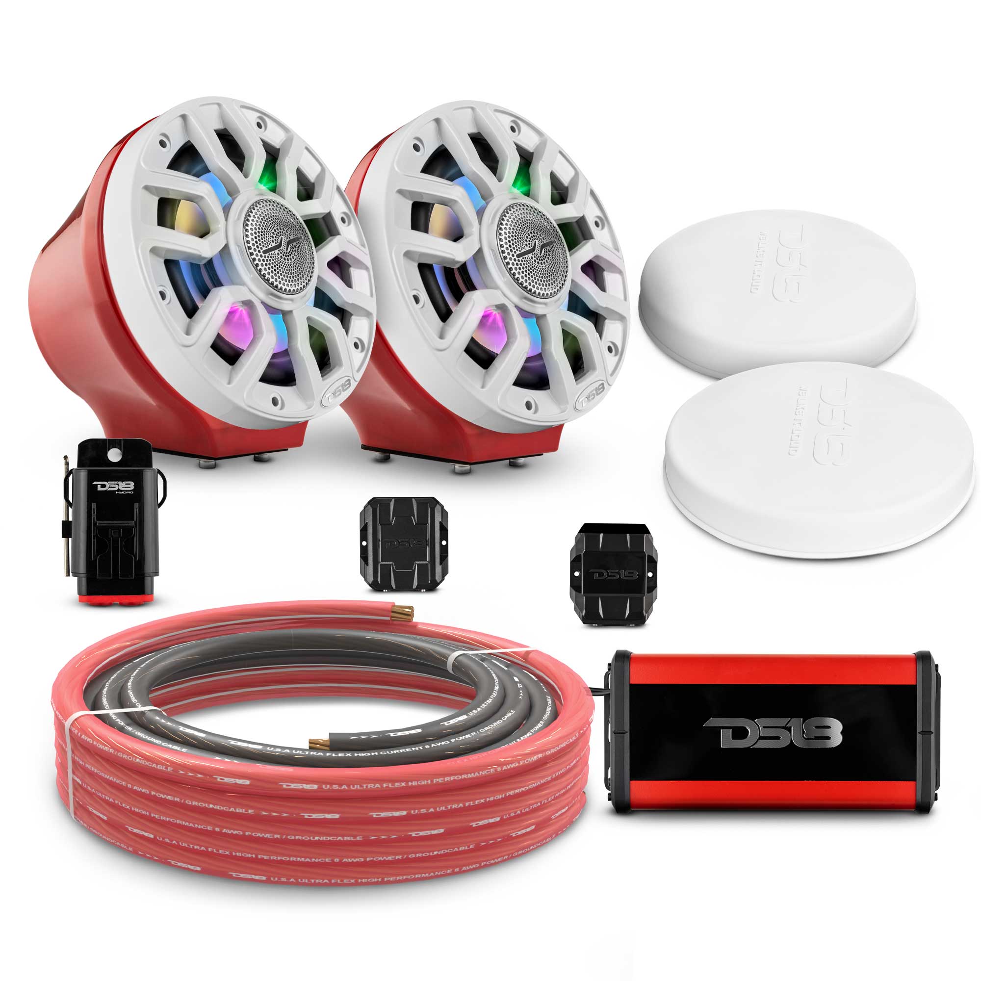 DS18 6.5" Loaded Flat Mount Speaker Pods with Amplifier, Installation Kit and Digital LED Lights, Package for Can-Am Spyder & Ryker