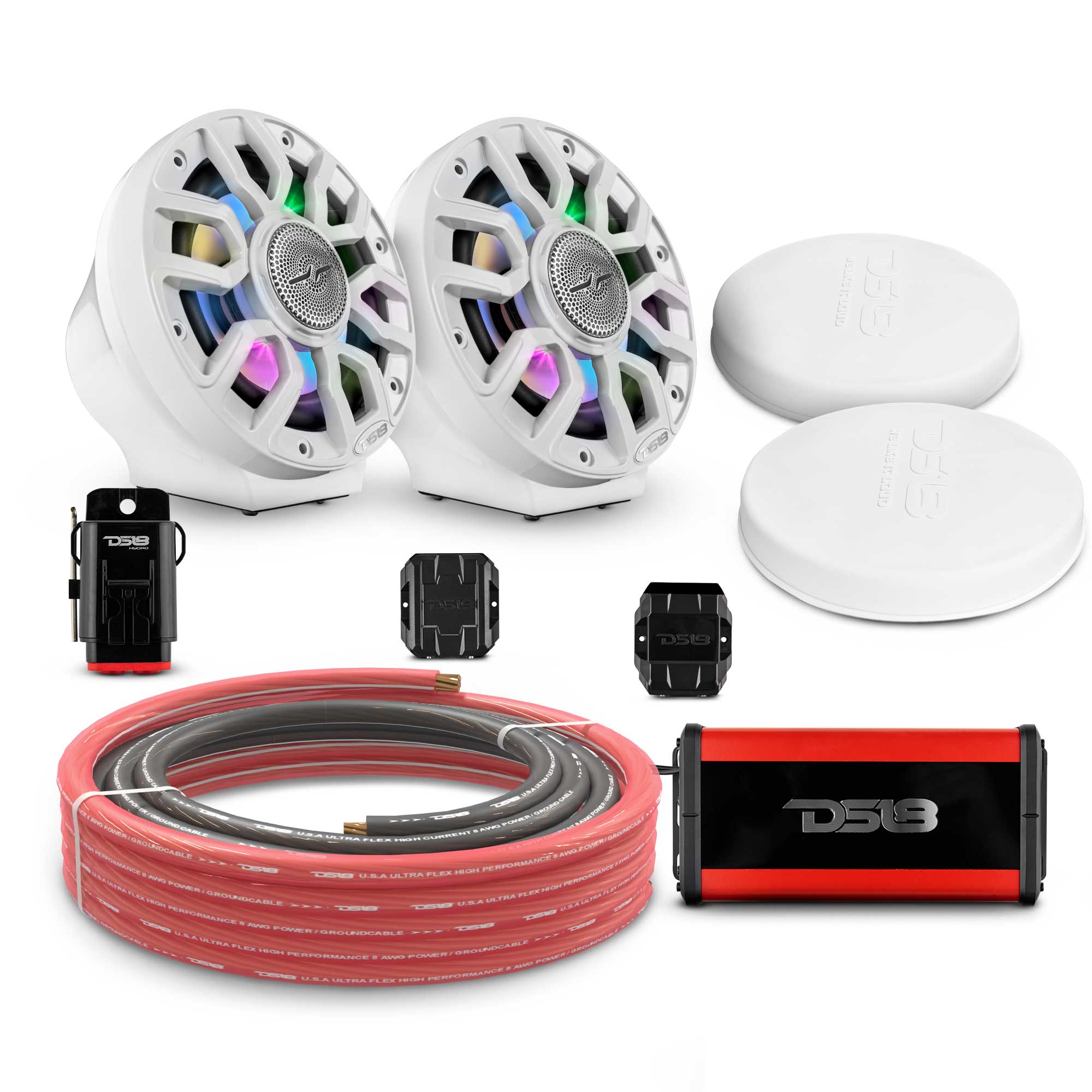 DS18 6.5" Loaded Flat Mount Speaker Pods with Amplifier, Installation Kit and Digital LED Lights, Package for Can-Am Spyder & Ryker