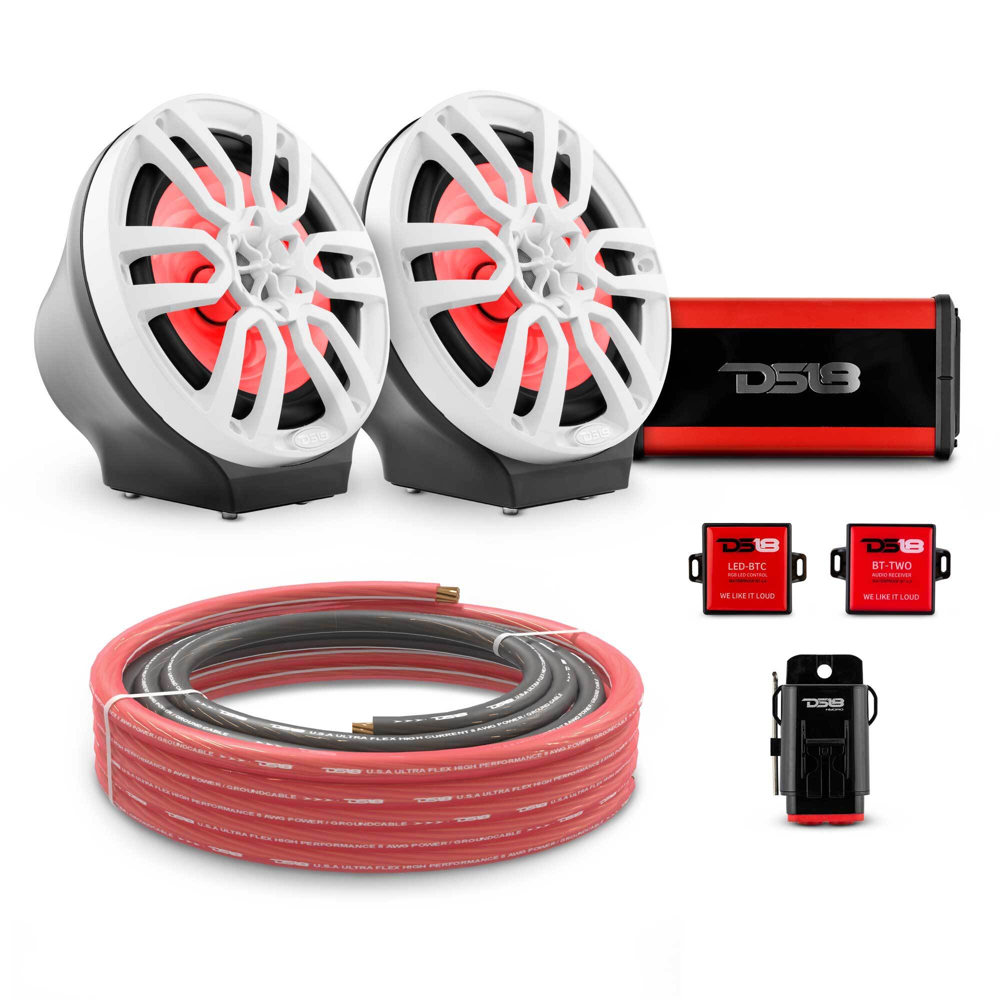 DS18 8" Loaded Flat Mount Speaker Pods with Amplifier, Installation Kit and RGB LED Lights, Package for Can-Am Spyder & Ryker
