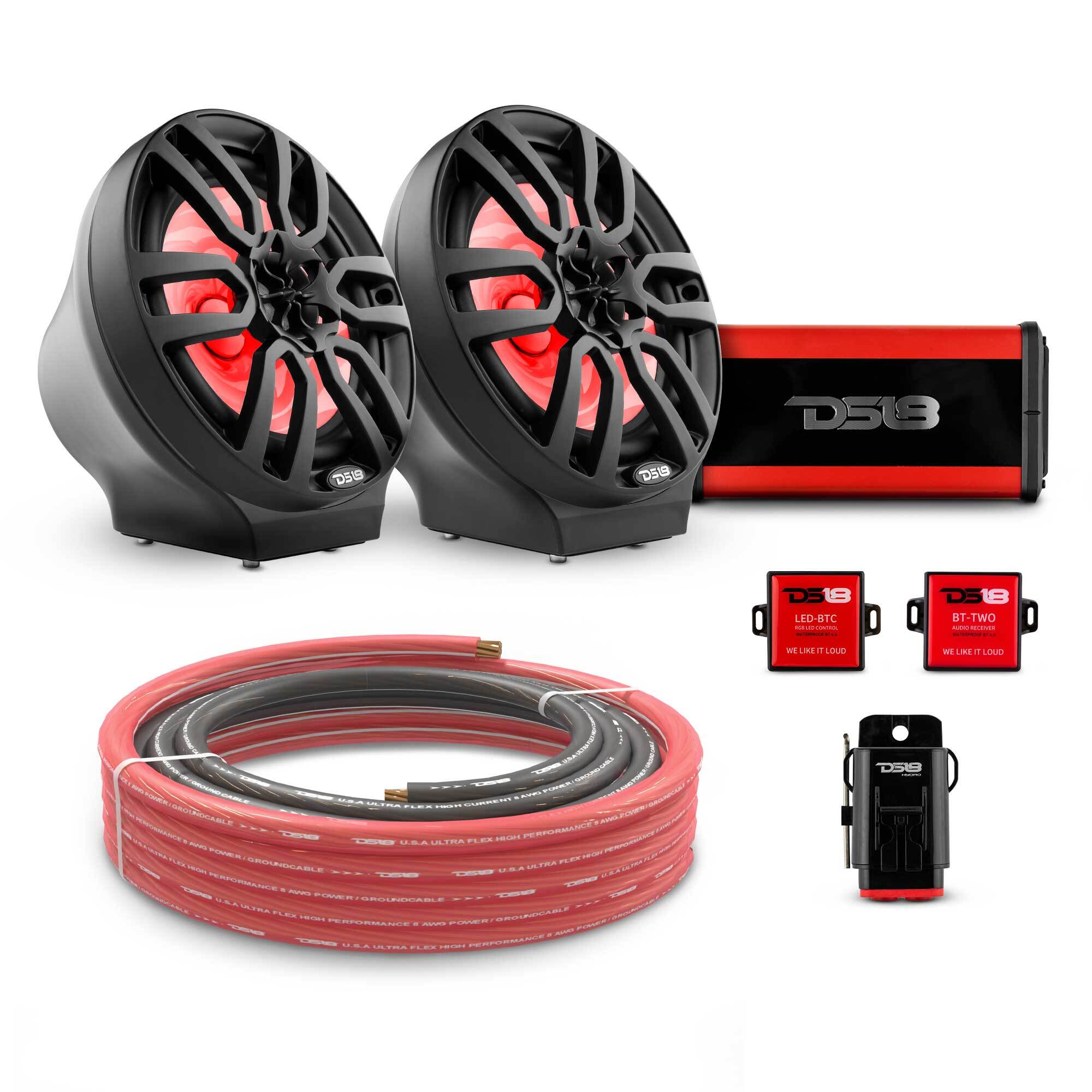 DS18 8" Loaded Flat Mount Speaker Pods with Amplifier, Installation Kit and RGB LED Lights, Package for Can-Am Spyder & Ryker