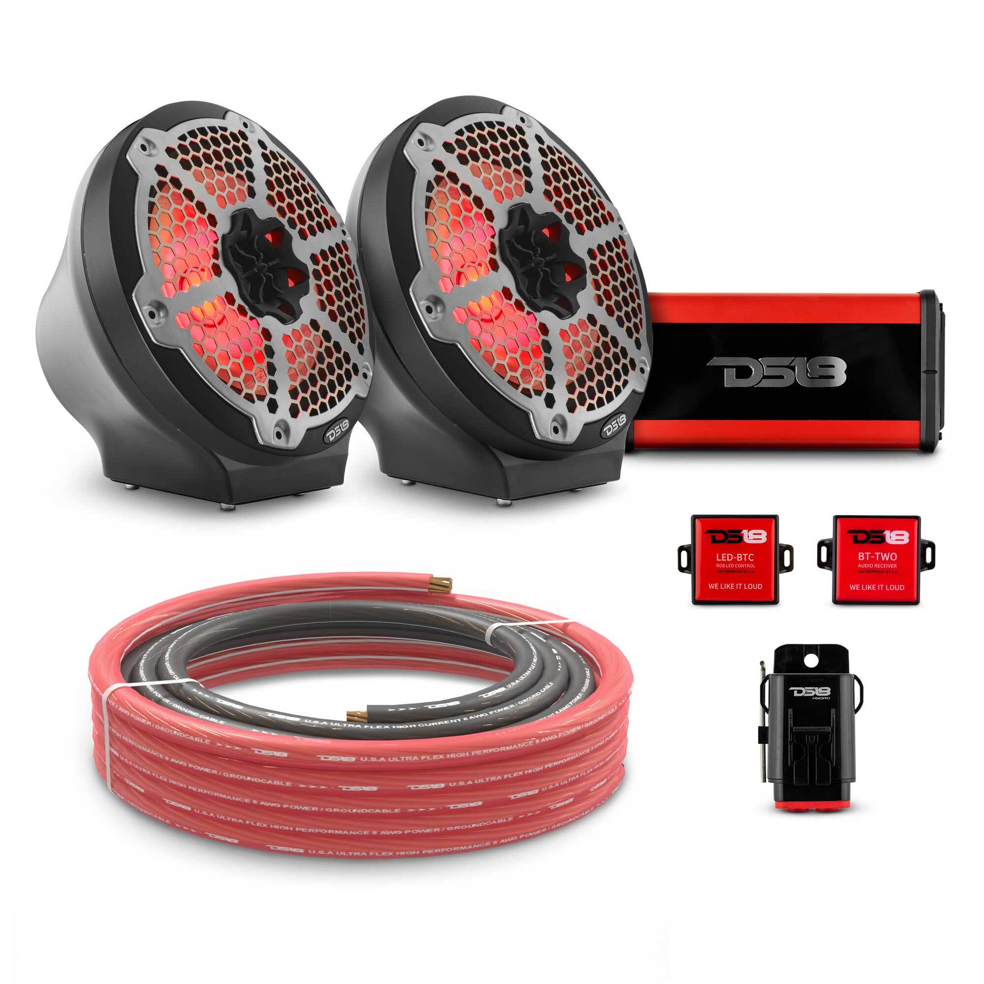 DS18 8" Loaded Flat Mount Speaker Pods with Amplifier, Installation Kit and RGB LED Lights, Package for Can-Am Spyder & Ryker