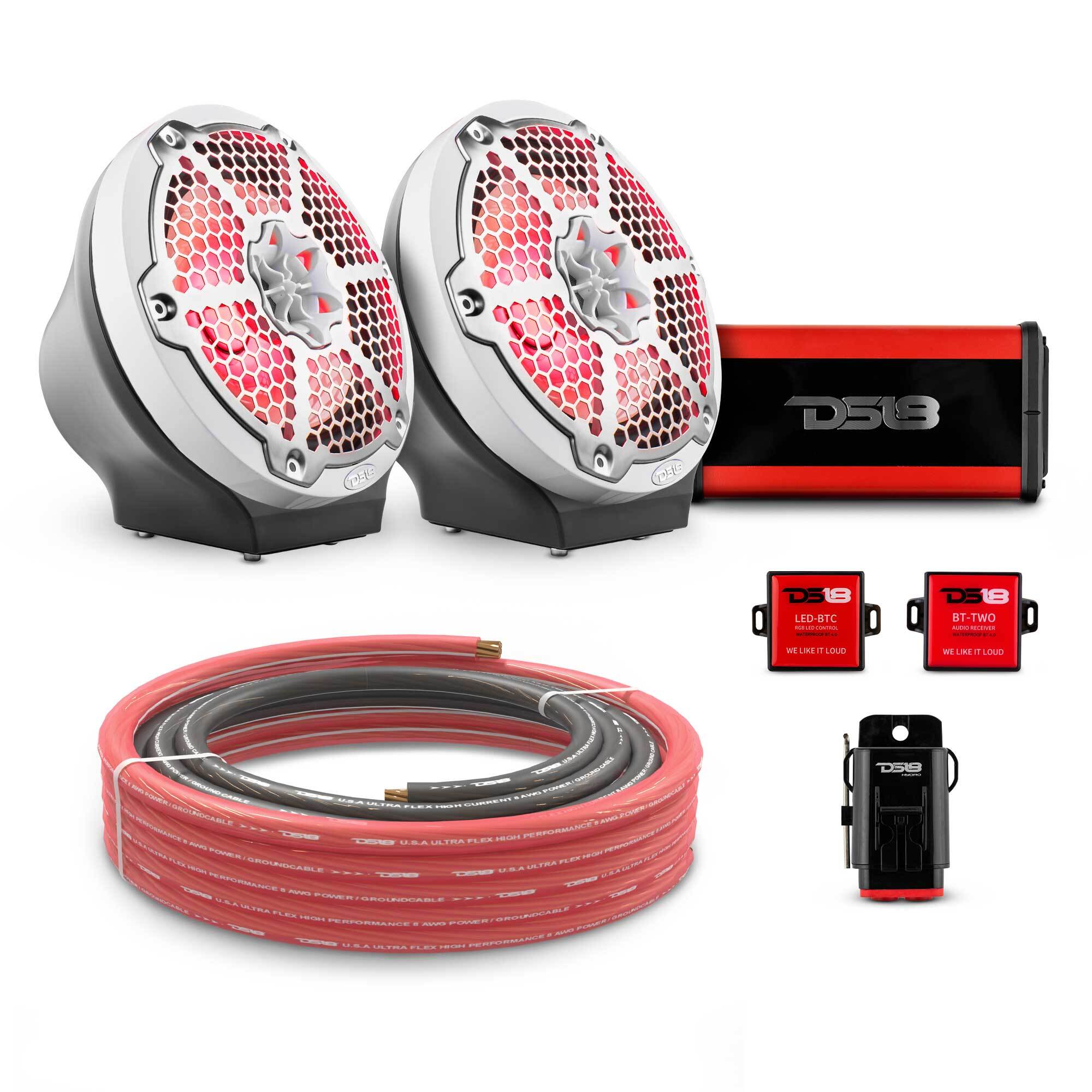 DS18 8" Loaded Flat Mount Speaker Pods with Amplifier, Installation Kit and RGB LED Lights, Package for Can-Am Spyder & Ryker