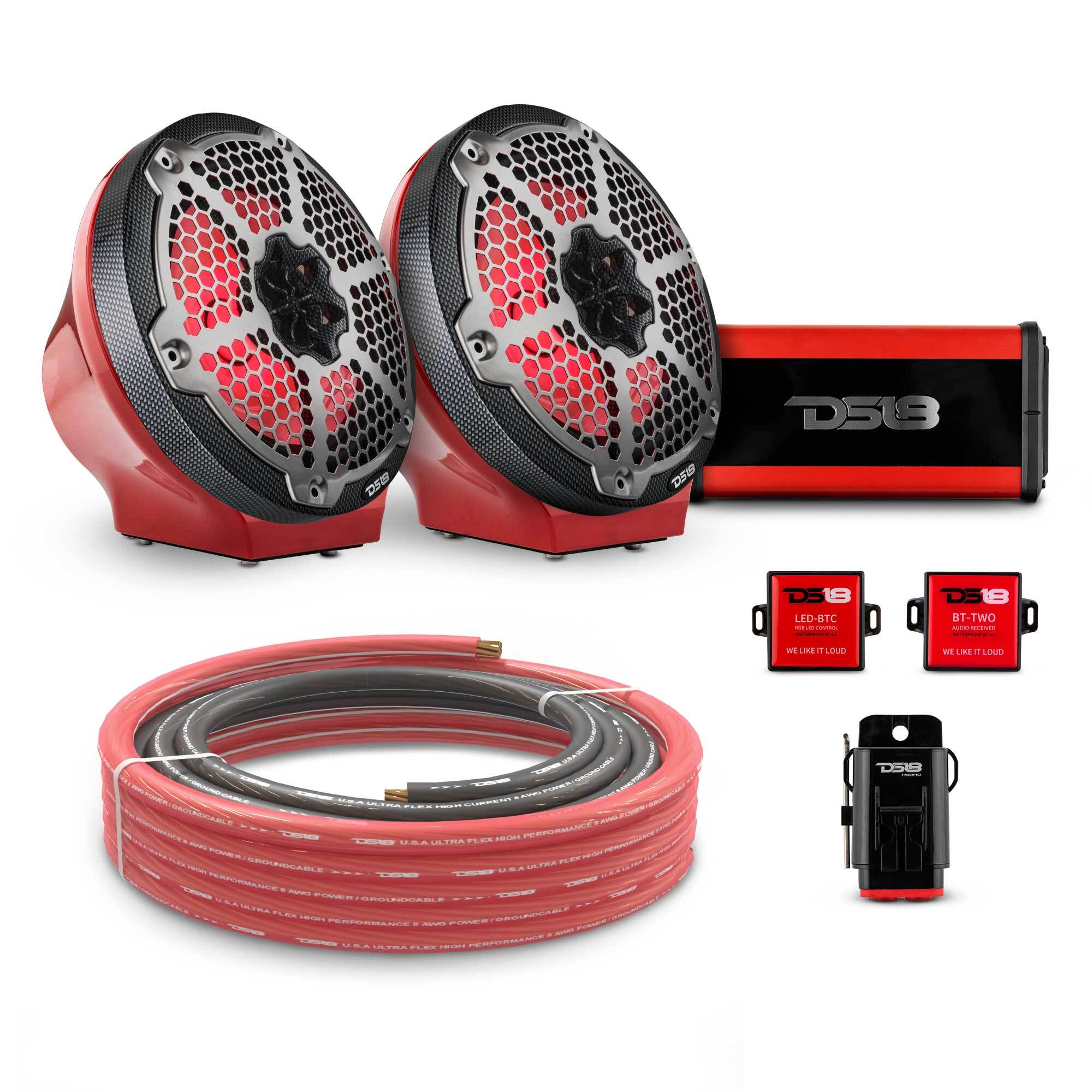 DS18 8" Loaded Flat Mount Speaker Pods with Amplifier, Installation Kit and RGB LED Lights, Package for Can-Am Spyder & Ryker