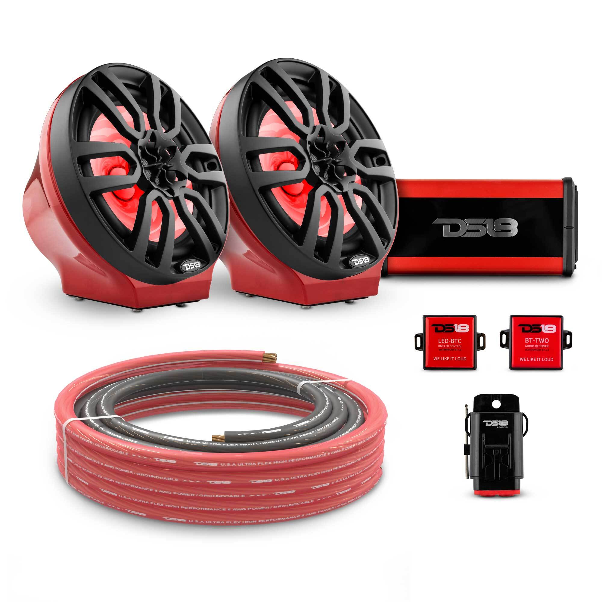 DS18 8" Loaded Flat Mount Speaker Pods with Amplifier, Installation Kit and RGB LED Lights, Package for Can-Am Spyder & Ryker