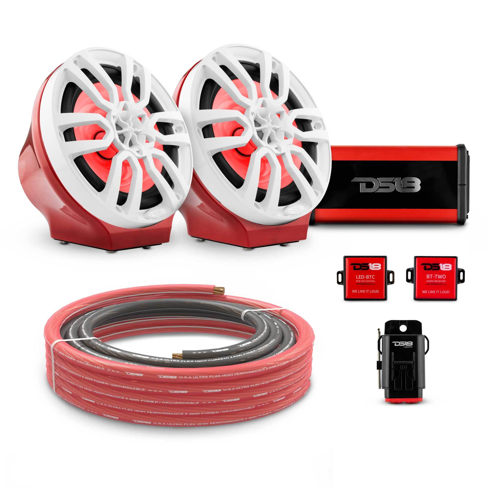 DS18 8" Loaded Flat Mount Speaker Pods with Amplifier, Installation Kit and RGB LED Lights, Package for Can-Am Spyder & Ryker