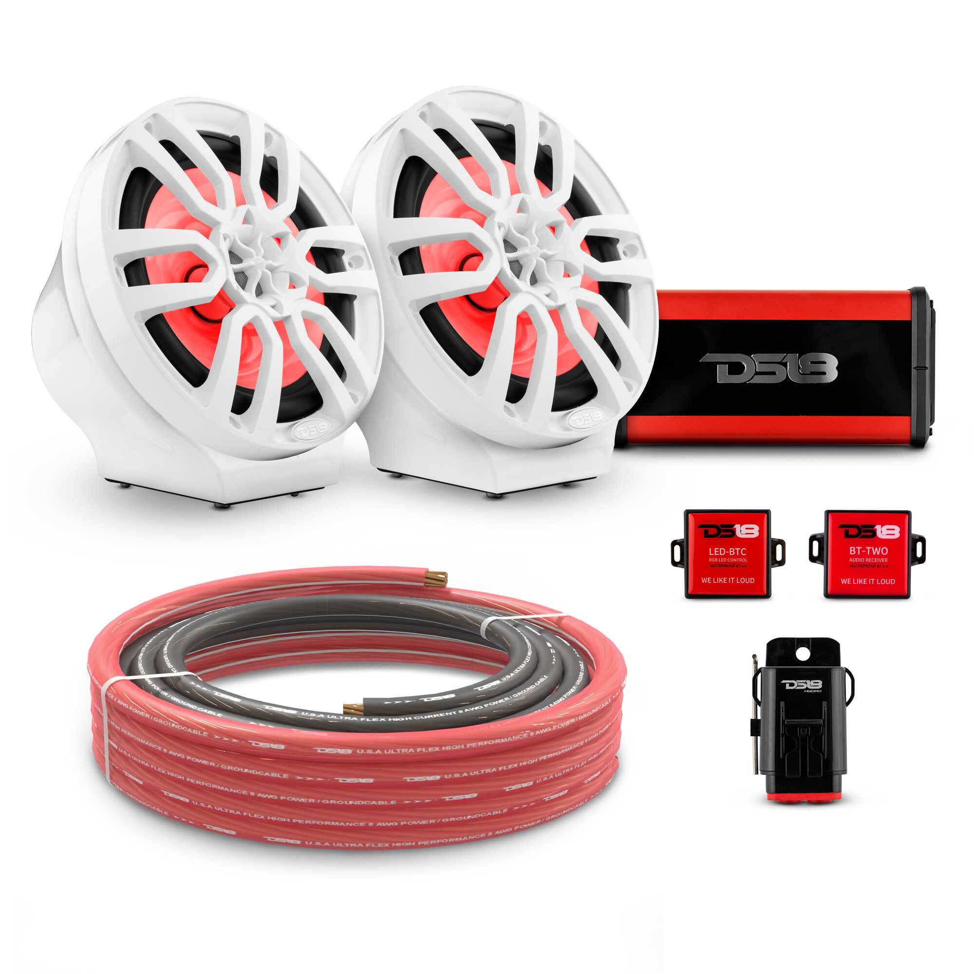DS18 8" Loaded Flat Mount Speaker Pods with Amplifier, Installation Kit and RGB LED Lights, Package for Can-Am Spyder & Ryker