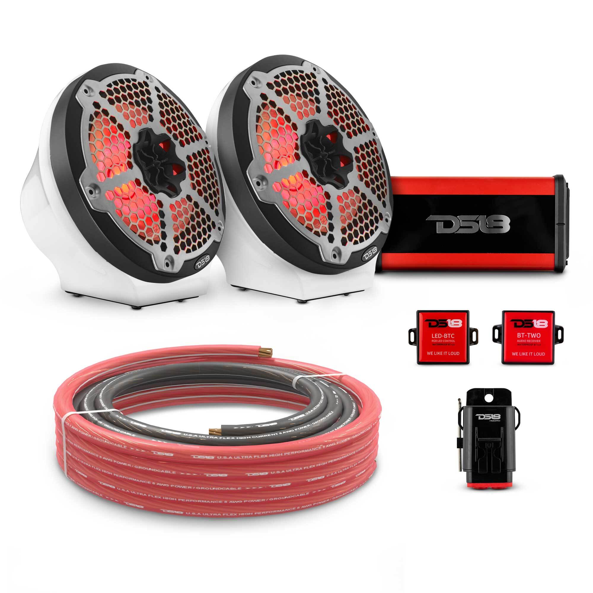 DS18 8" Loaded Flat Mount Speaker Pods with Amplifier, Installation Kit and RGB LED Lights, Package for Can-Am Spyder & Ryker