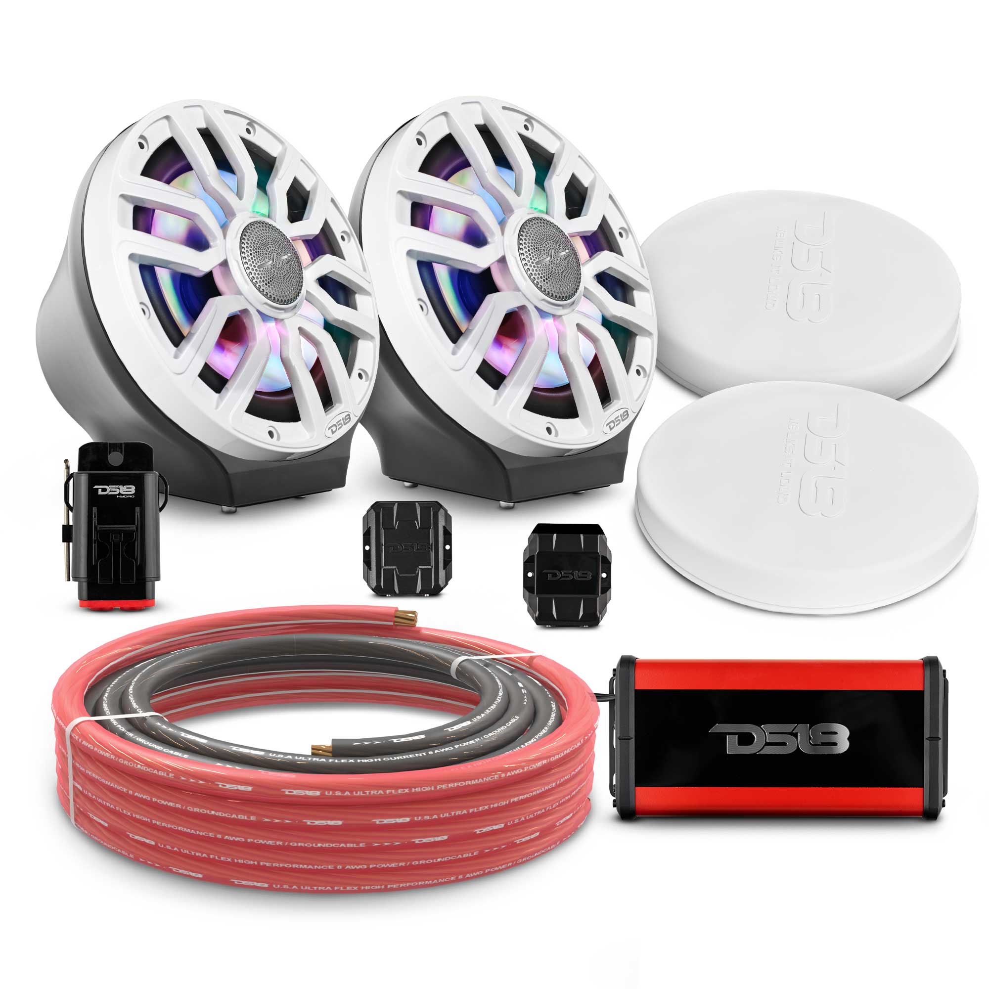 DS18 8" Loaded Flat Mount Speaker Pods with Amplifier, Installation Kit and Digital LED Lights, Package for Can-Am Spyder & Ryker