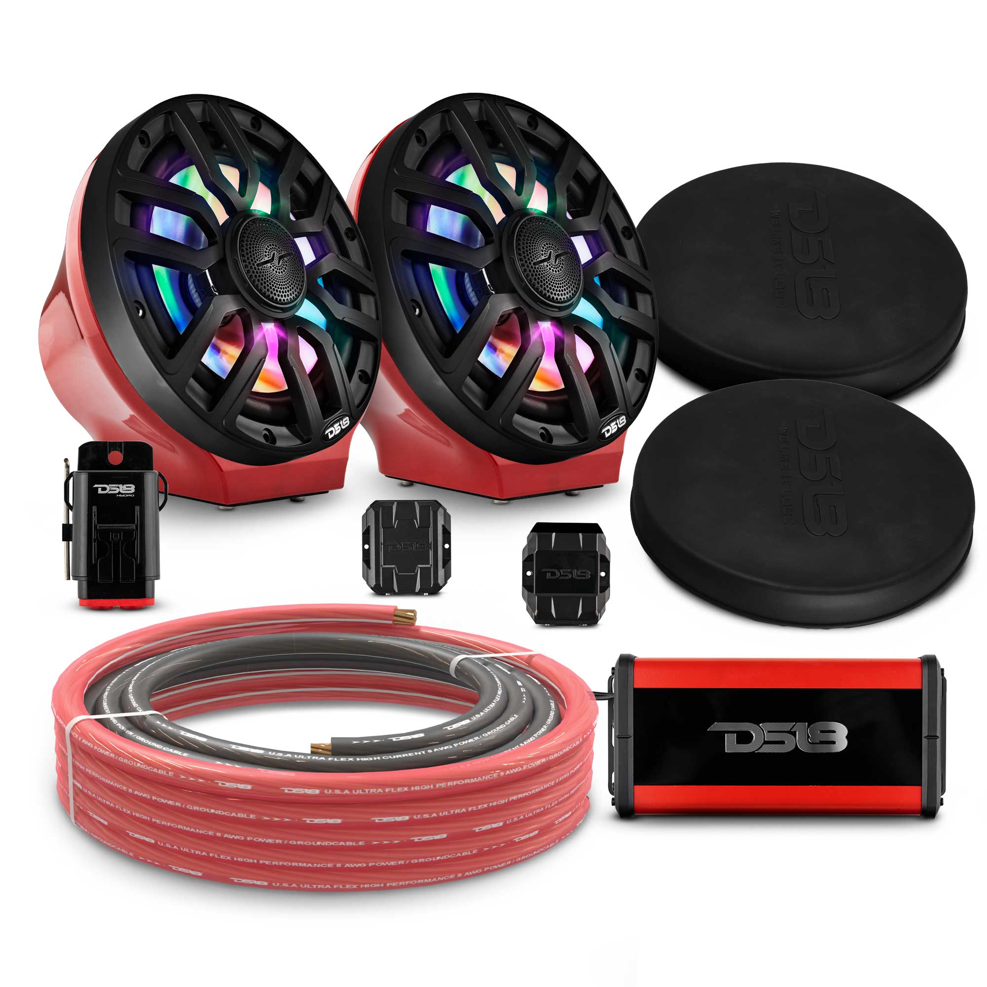 DS18 8" Loaded Flat Mount Speaker Pods with Amplifier, Installation Kit and Digital LED Lights, Package for Can-Am Spyder & Ryker