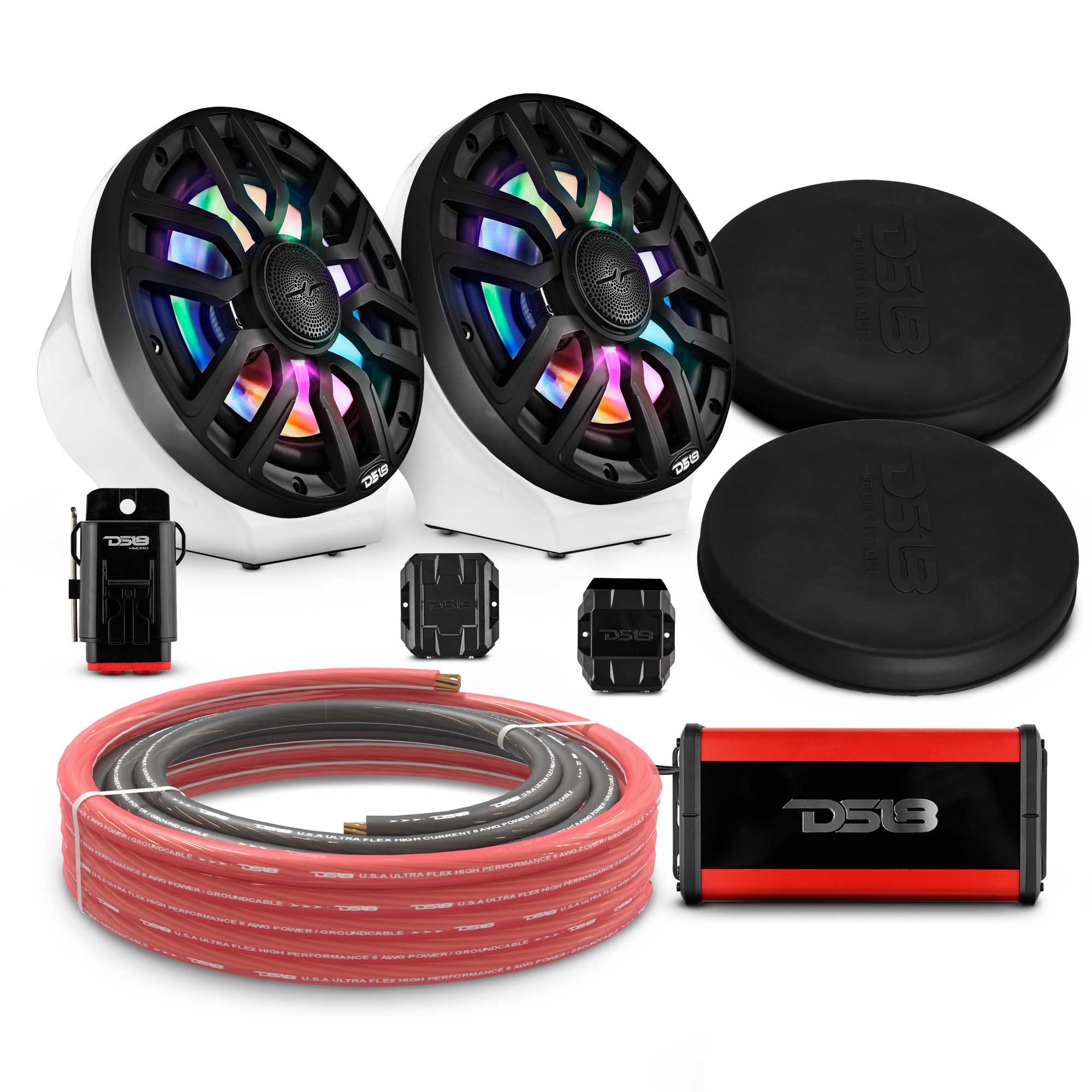 DS18 8" Loaded Flat Mount Speaker Pods with Amplifier, Installation Kit and Digital LED Lights, Package for Can-Am Spyder & Ryker