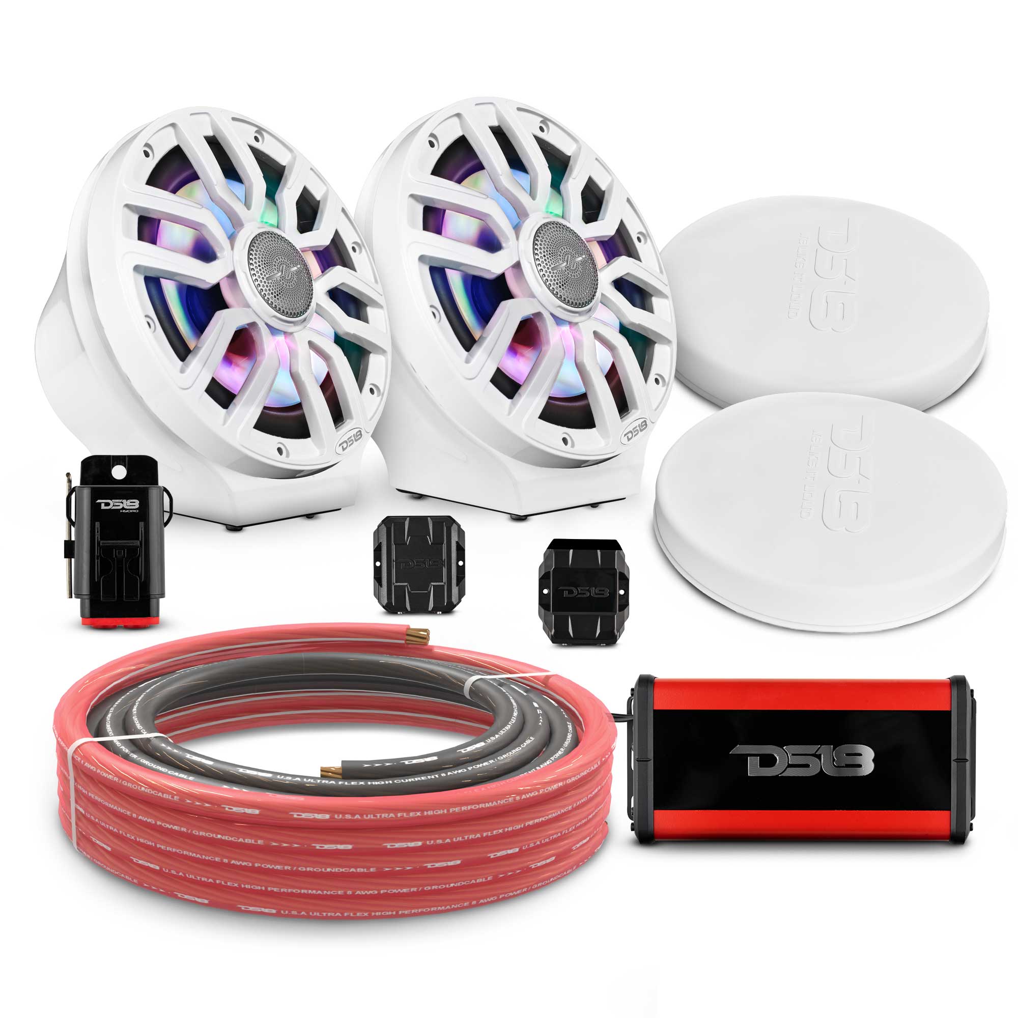 DS18 8" Loaded Flat Mount Speaker Pods with Amplifier, Installation Kit and Digital LED Lights, Package for Can-Am Spyder & Ryker