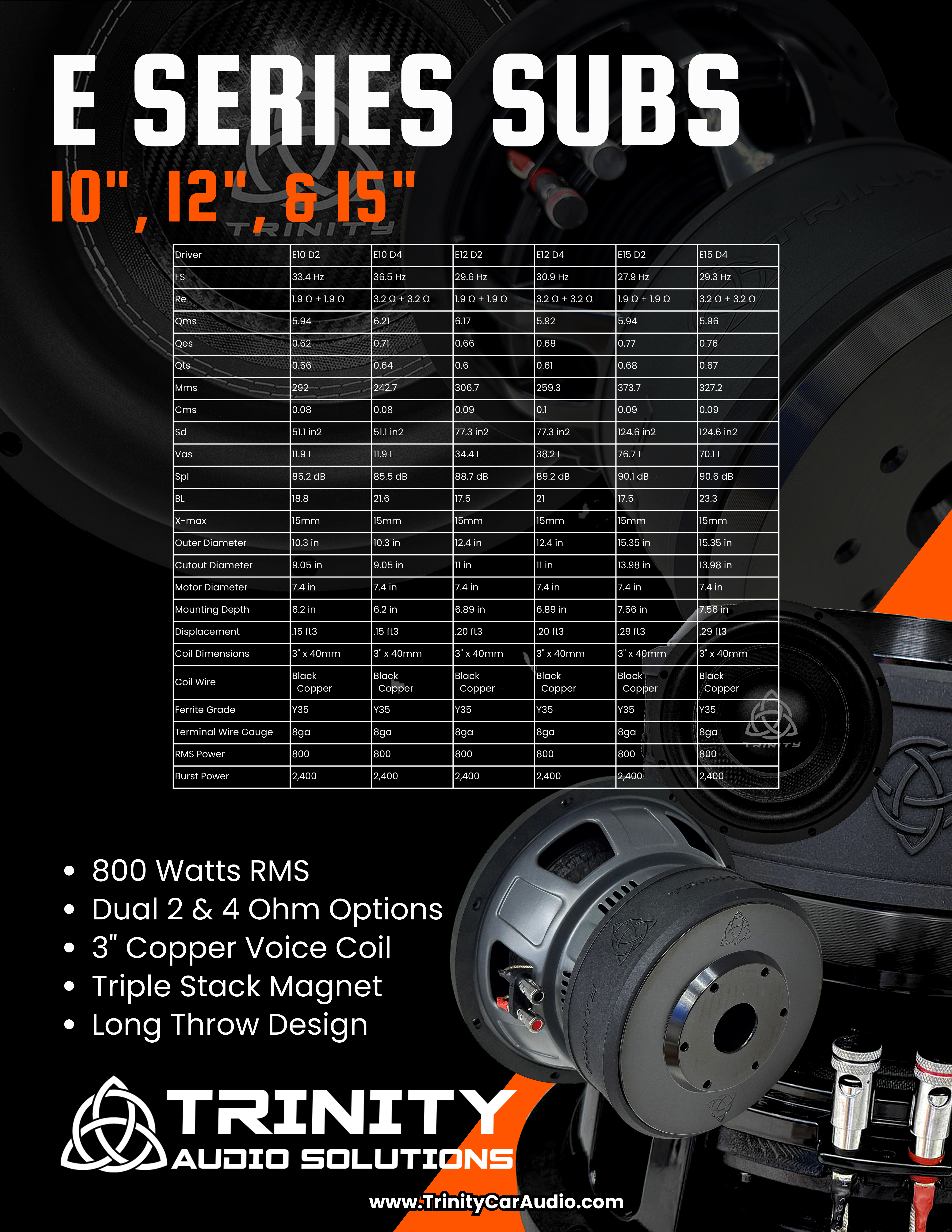 Trinity Audio Solutions E Series 10" Subwoofer — 800W RMS Dual Voice Coil