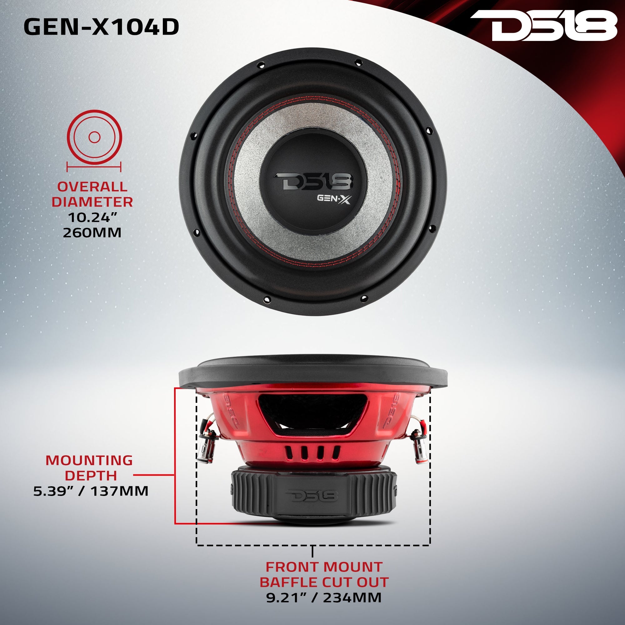 DS18 GEN-X 10" Subwoofer 400 Watts Rms DVC 4-Ohm