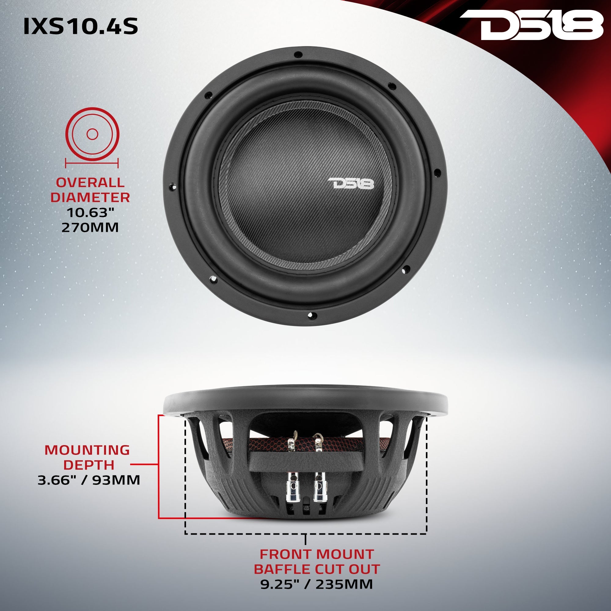 DS18 IXS Shallow-Mount 10" Fiber Glass Subwoofer 600 Watts Rms SVC 4-Ohm