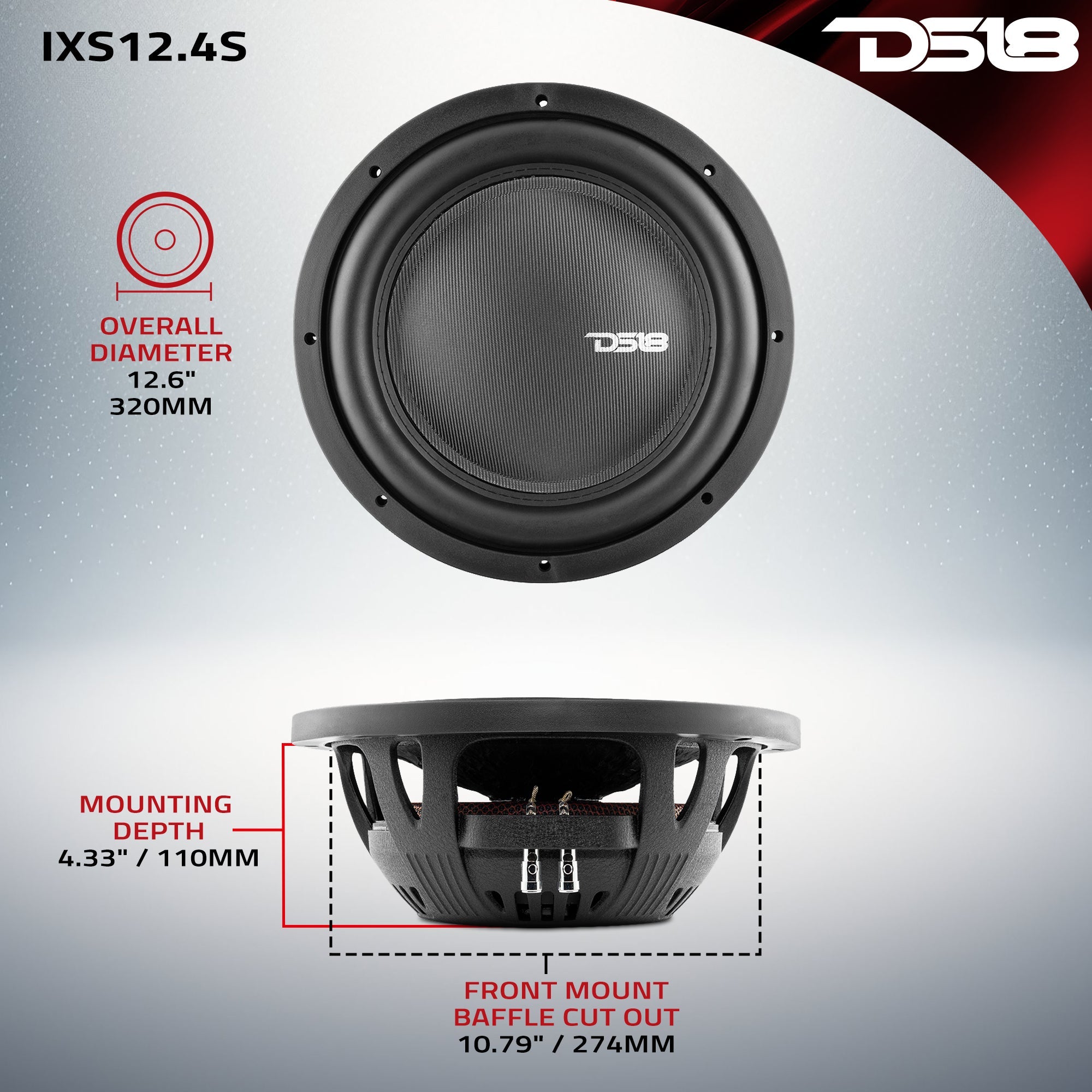 DS18 IXS Shallow-Mount 12" Fiber Glass Subwoofer 800 Watts Rms SVC 4-Ohm