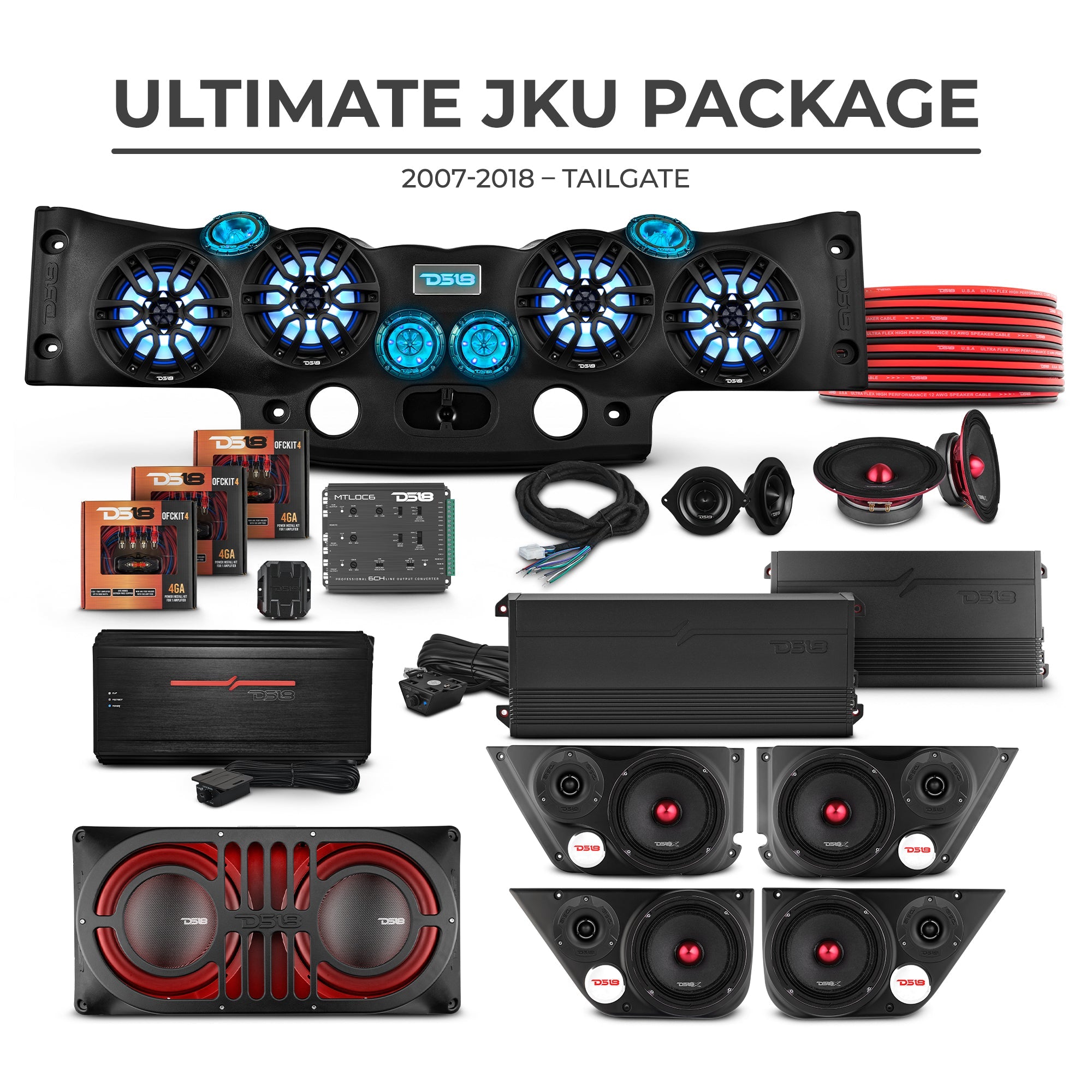 DS18 Jeep JKU 2007-2018 Ultimate Package – Loaded Sound Bar, Door Panels, Tailgate Subwoofers & Amplifiers