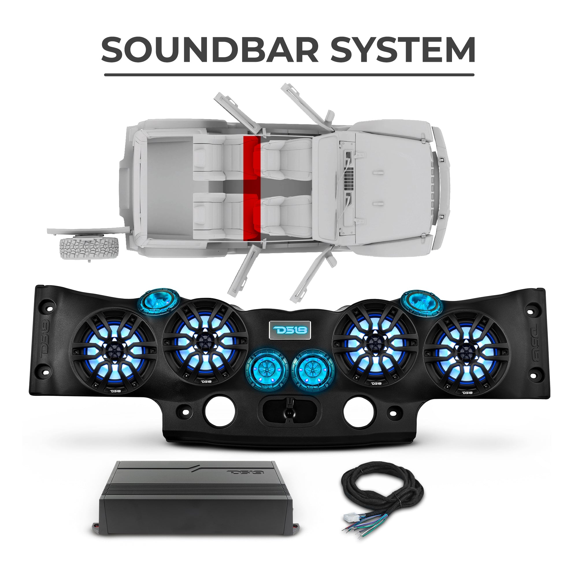DS18 Jeep JKU 2007-2018 Ultimate Package – Loaded Sound Bar, Door Panels, Tailgate Subwoofers & Amplifiers