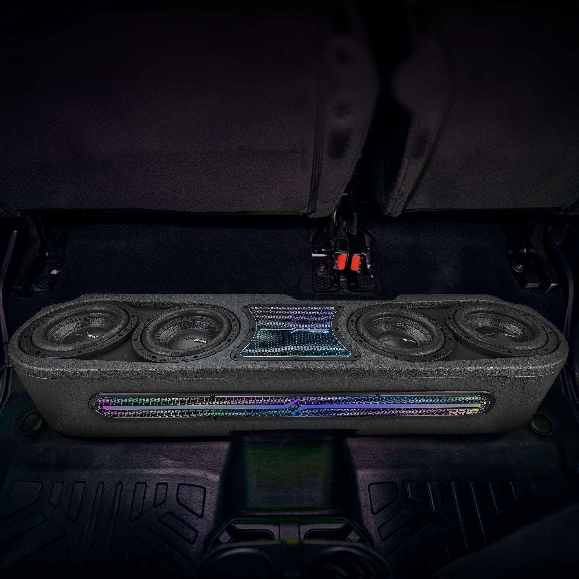 DS18 Jeep JT Gladiator Loaded Under Rear Seat Subwoofer Enclosure with 4 X 8" ZR8.2D, Leather Wrapped and Digital LED Lights | 1800 Watts RMS @ 1-Ohm