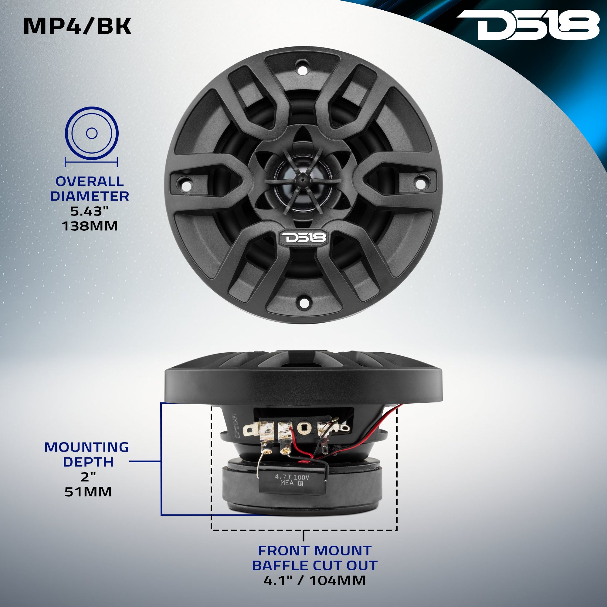 DS18 MP 4" 2-Way Coaxial Marine Speaker 50 Watts Rms 4-Ohm