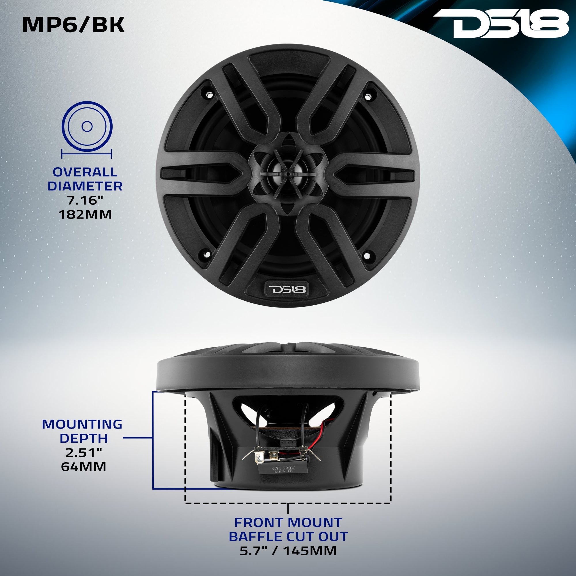 DS18 MP 6.5" 2-Way Coaxial Marine Speaker 60 Watts Rms 4-Ohm -Black