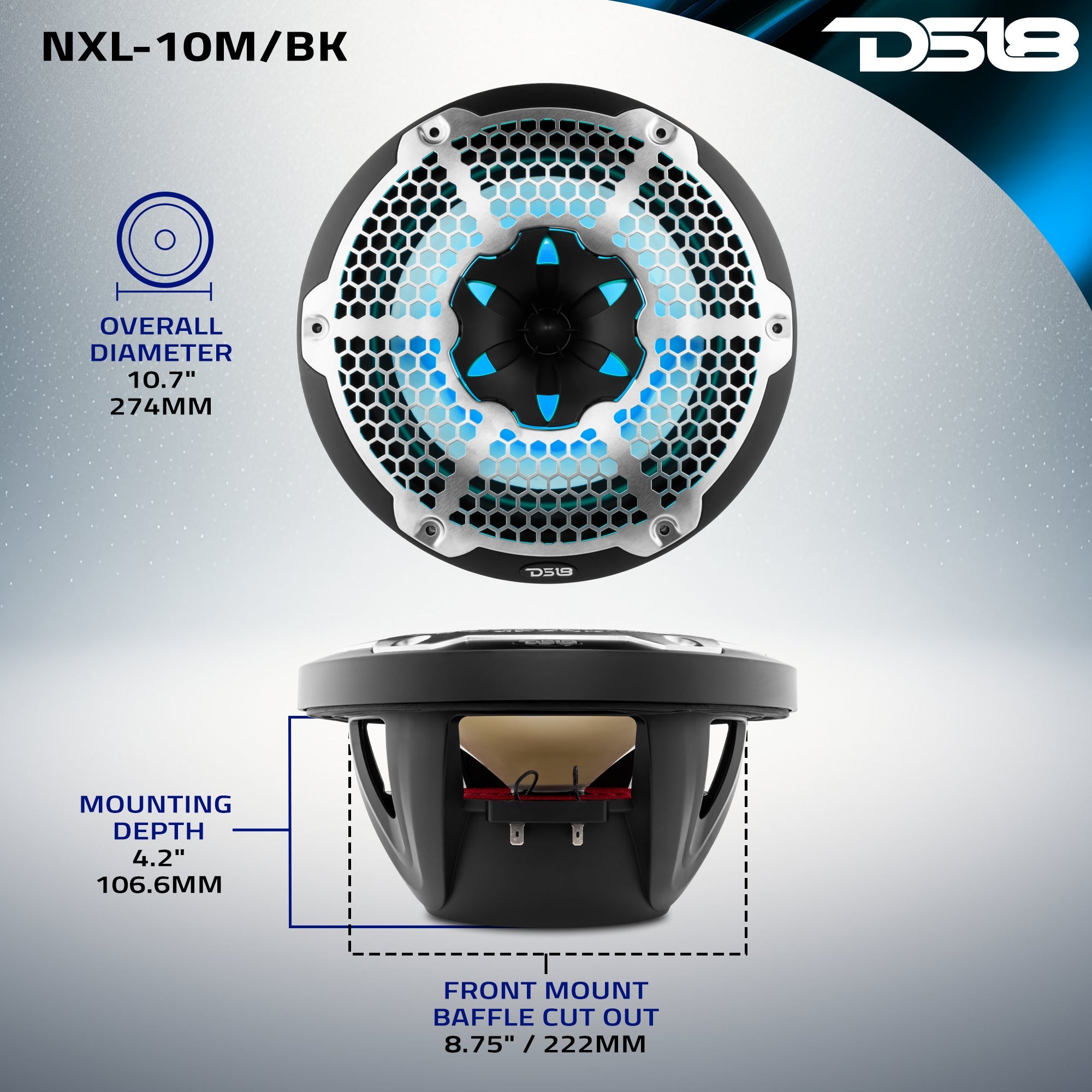 DS18 NXL 10" 2-Way Coaxial Marine Speaker With LED RGB Lights 200 Watts Rms 4-Ohm
