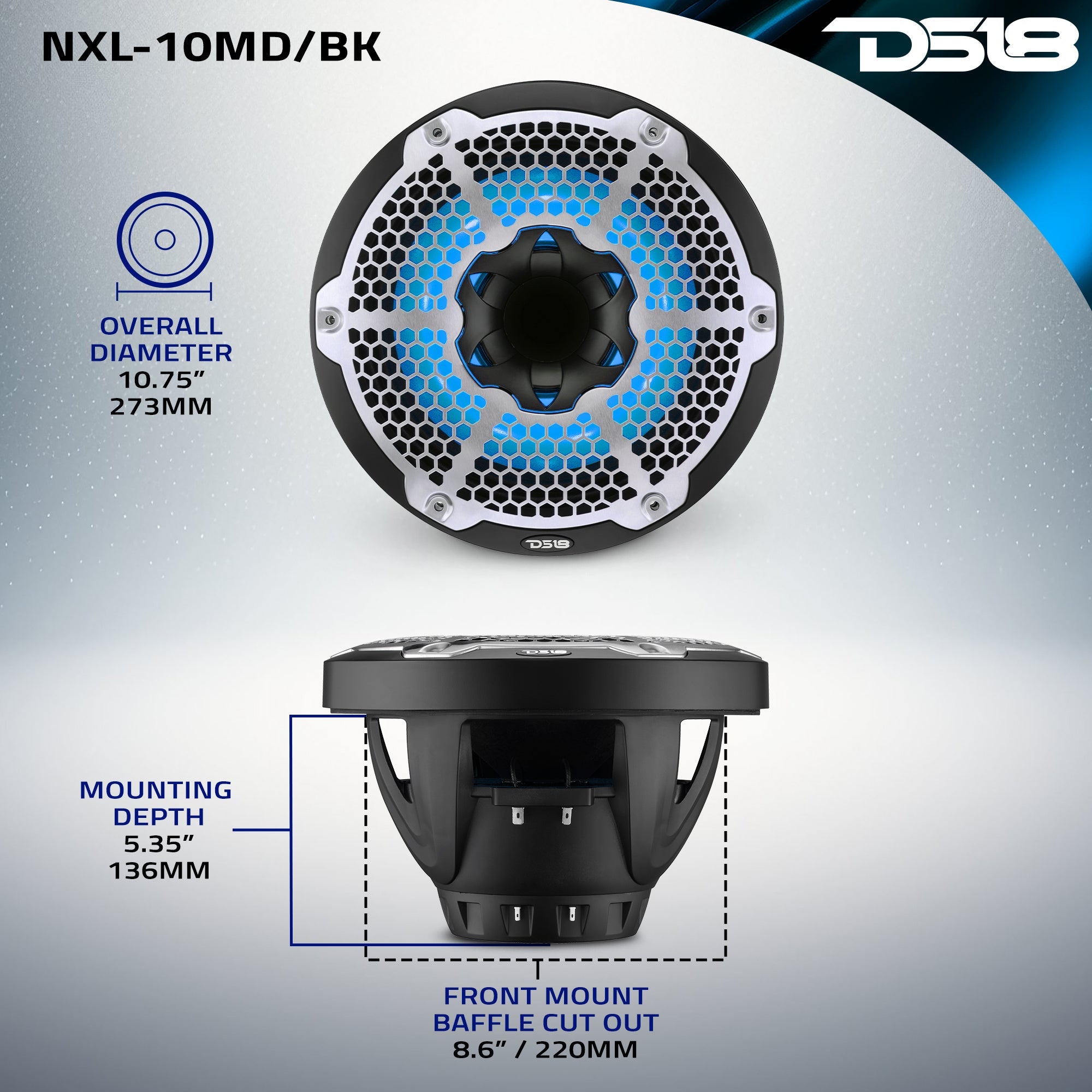 DS18 10” Marine 2-Way Hybrid Speaker with RGB LED, Compression Driver and Neodymium Magnet | 450W RMS 4-Ohm