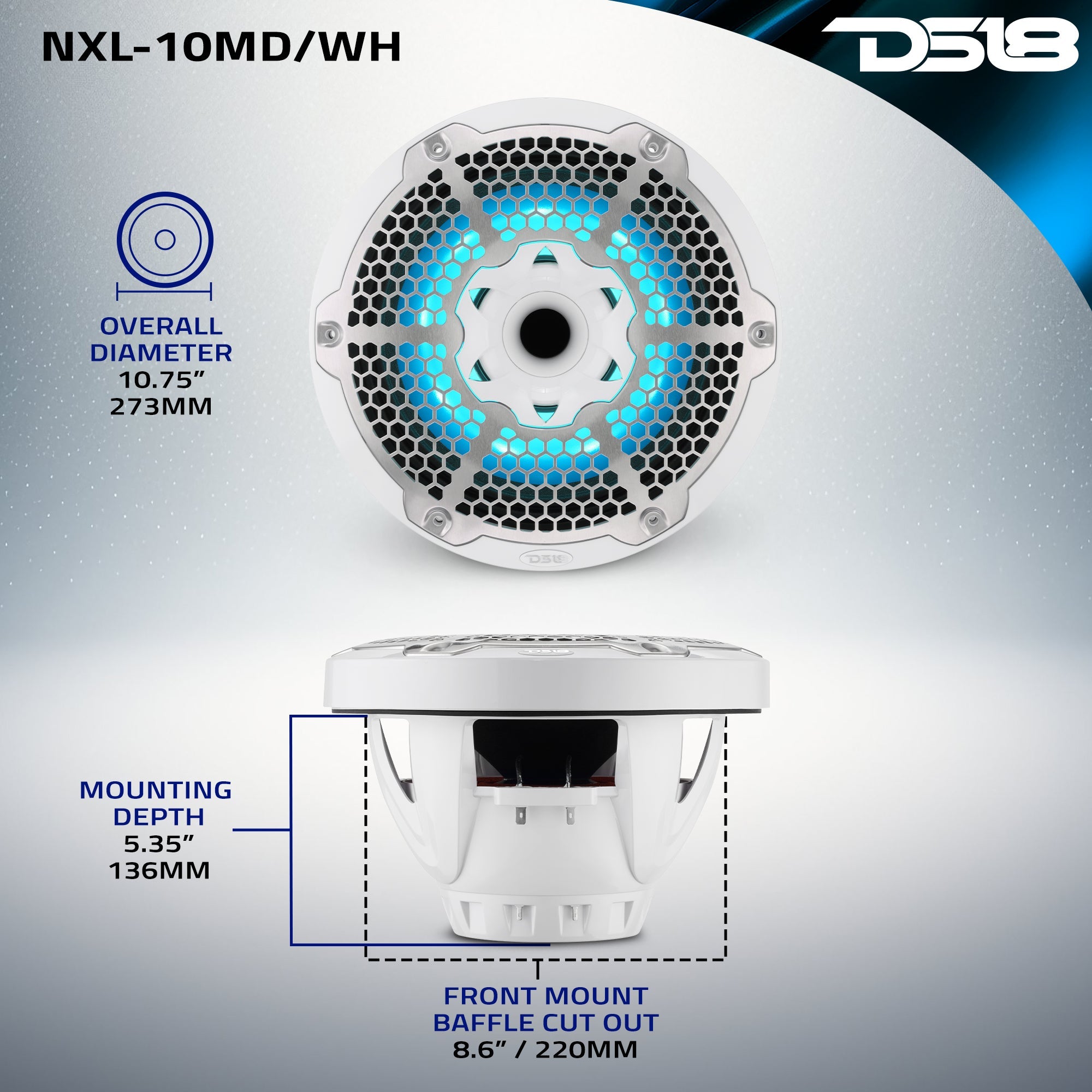DS18 10” Marine 2-Way Hybrid Speaker with RGB LED, Compression Driver and Neodymium Magnet | 450W RMS 4-Ohm