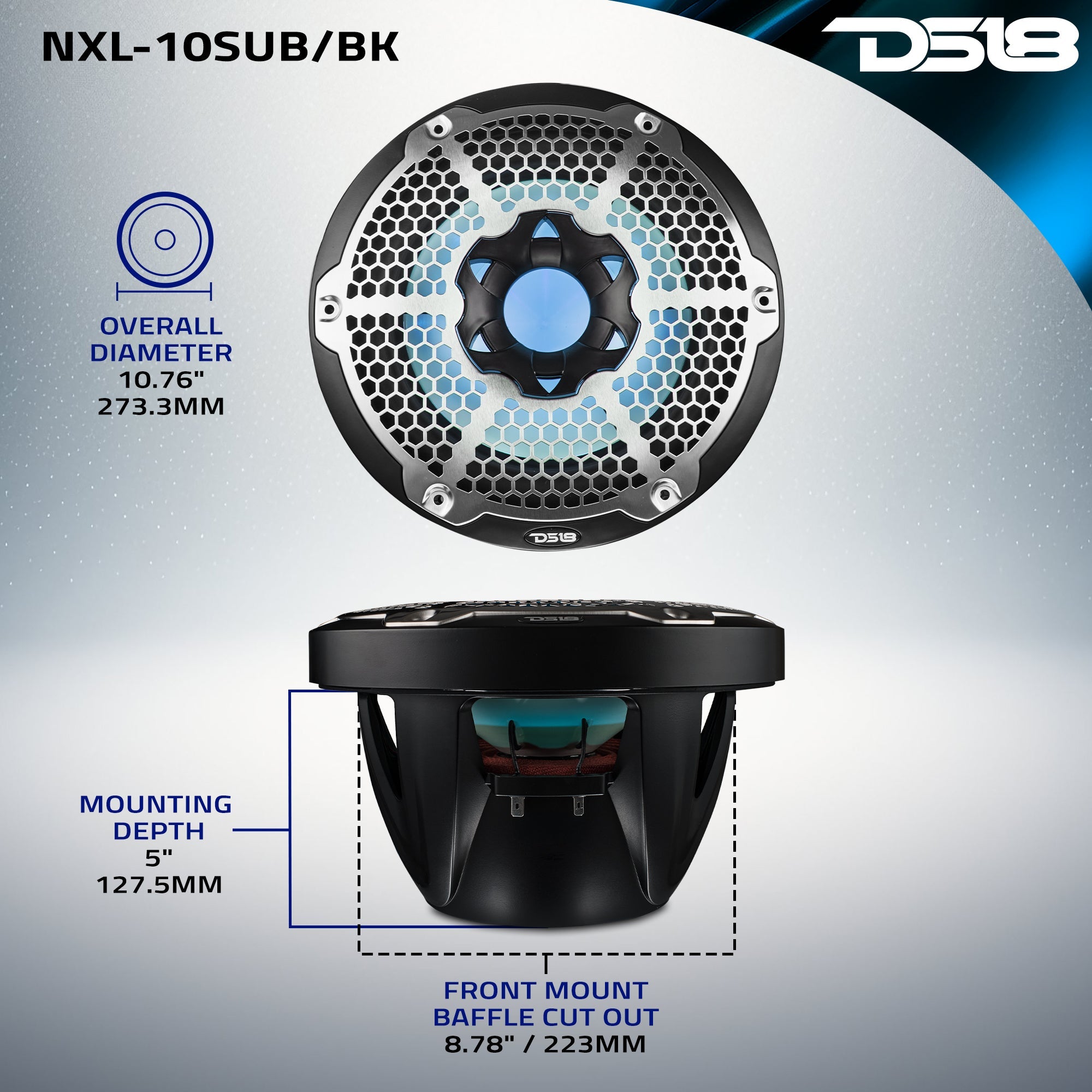 DS18 NXL 10" Marine Subwoofer with LED RGB Lights 300 Watts Rms SVC 4-Ohm