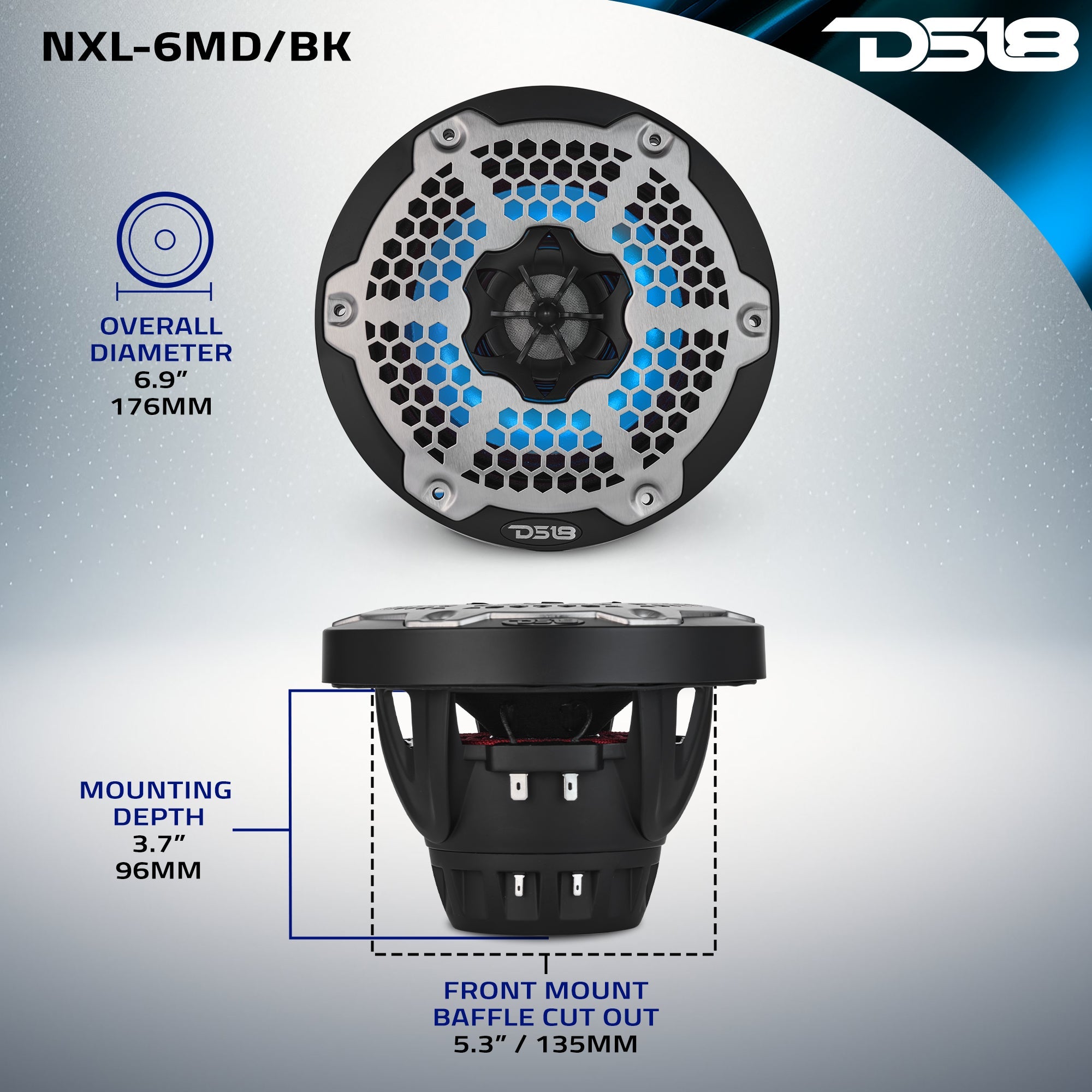 DS18 6.5” Marine 2-Way Hybrid Speaker with RGB LED, Compression Driver and Neodymium Magnet | 250W RMS 4-Ohm
