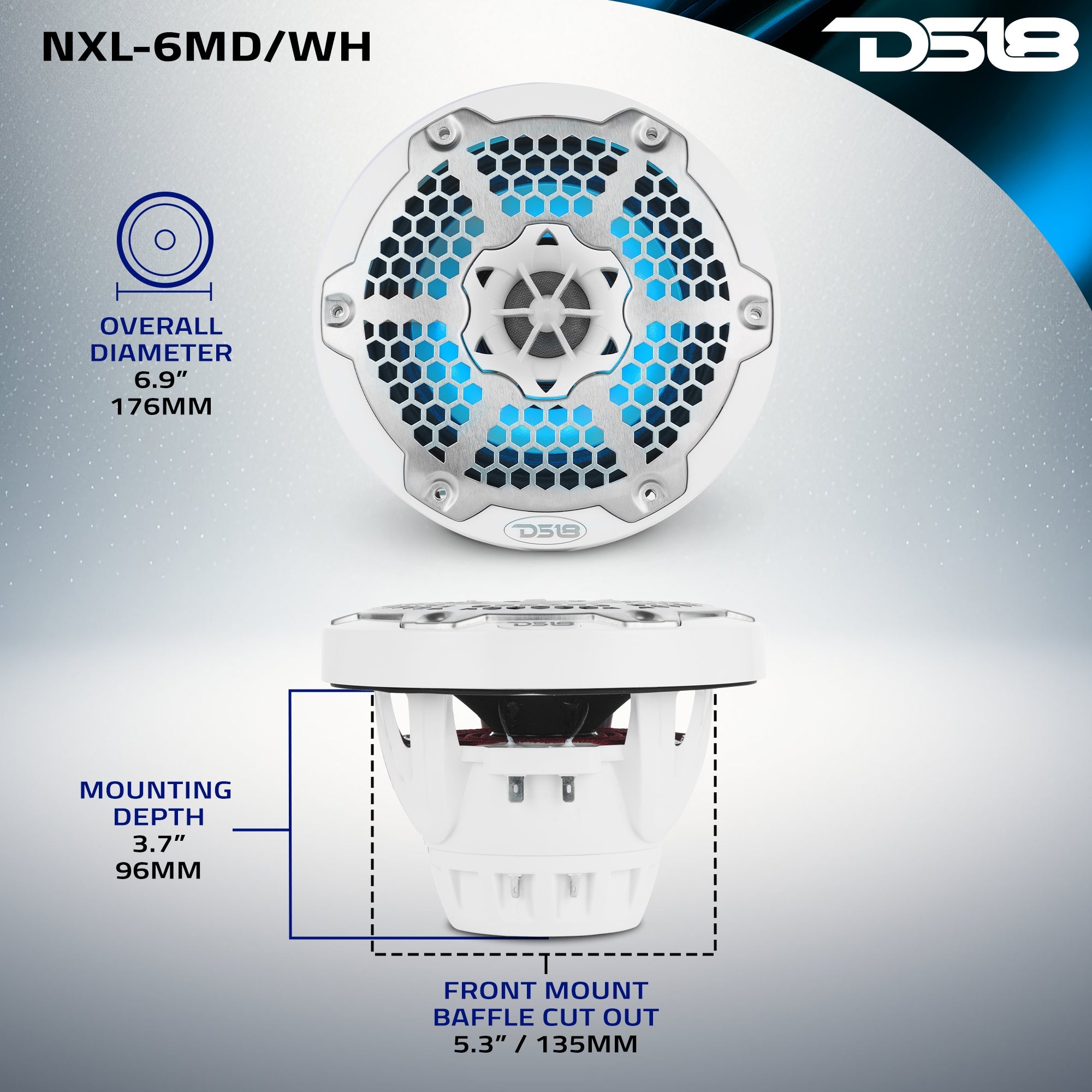 DS18 6.5” Marine 2-Way Hybrid Speaker with RGB LED, Compression Driver and Neodymium Magnet | 250W RMS 4-Ohm